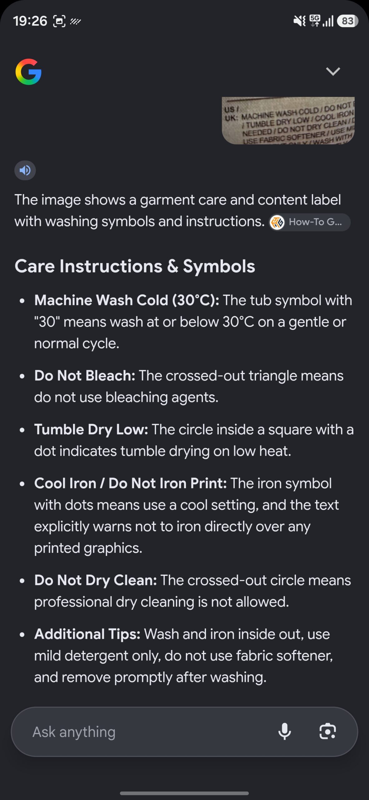 Google Lens' response to a laundry tag's symbols.