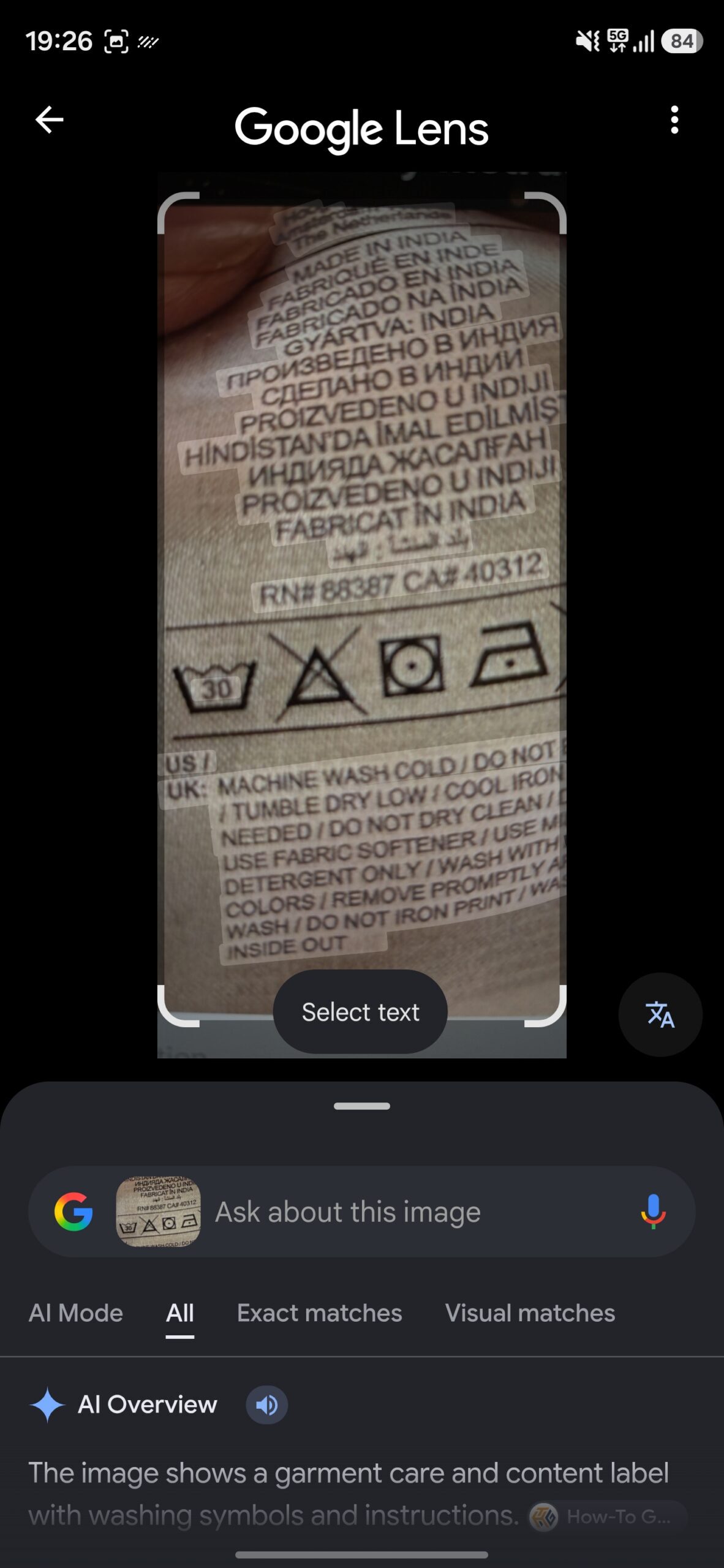 Looking up a laundry label's symbols in Google Lens.