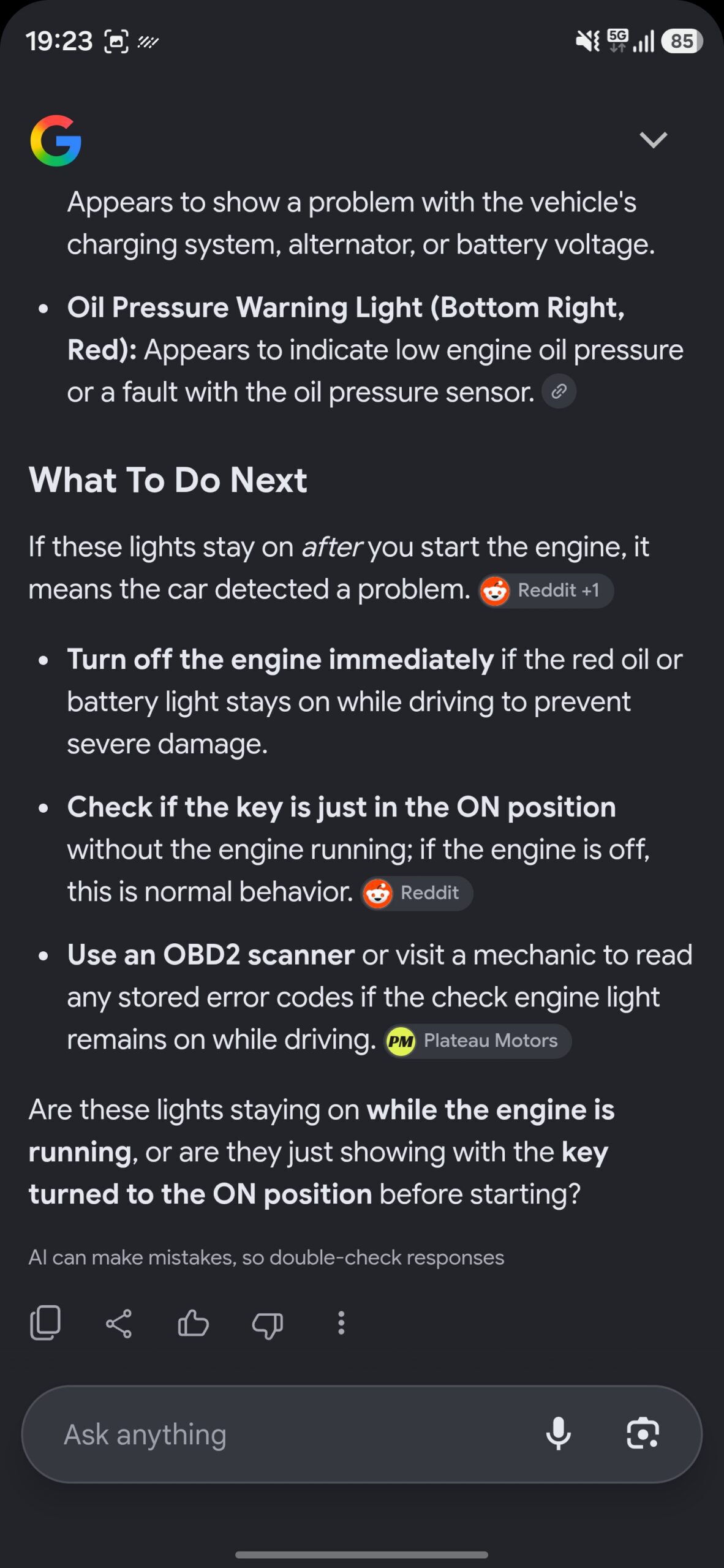 Google Lens suggestion what to do to fix a car's issue.