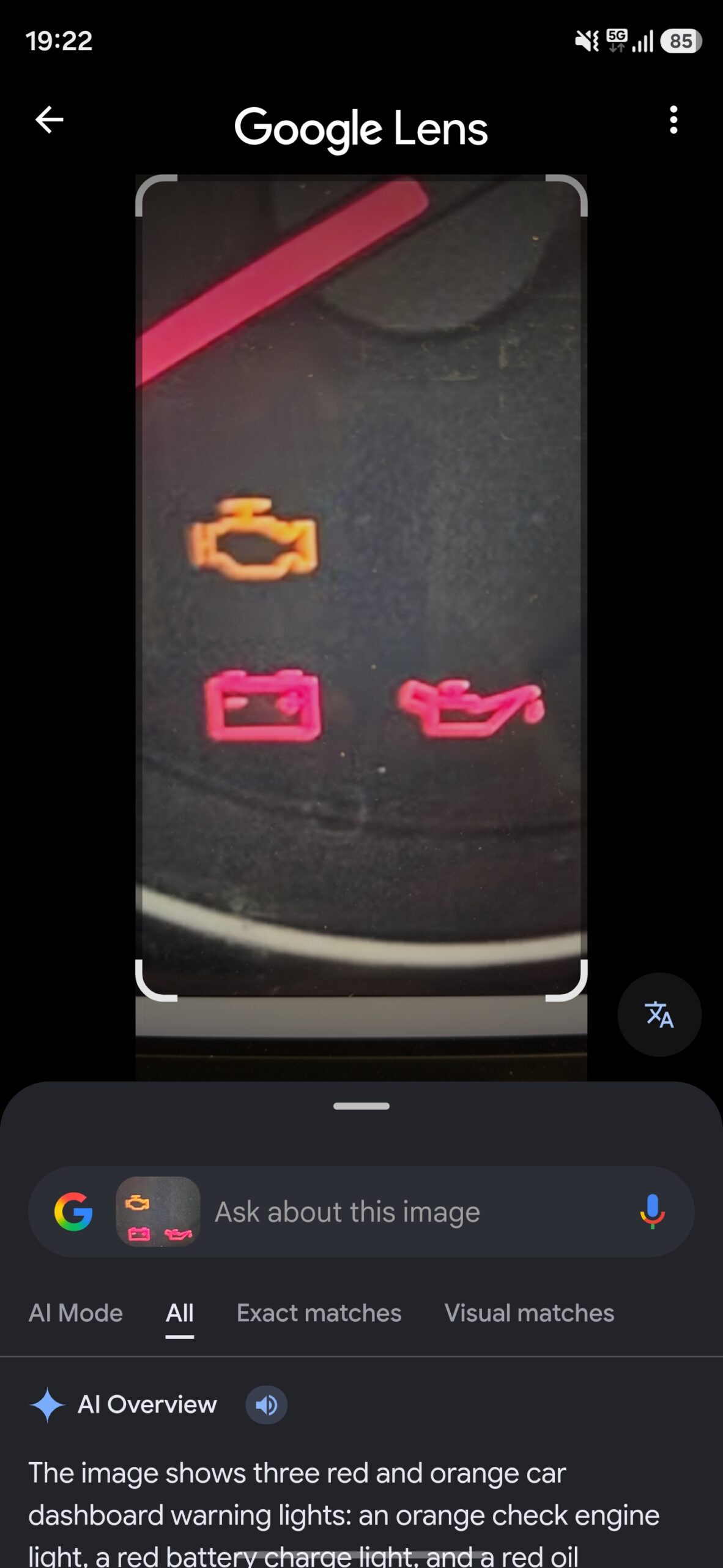 Looking up the symbols on a car's dashboard in Google Lens.