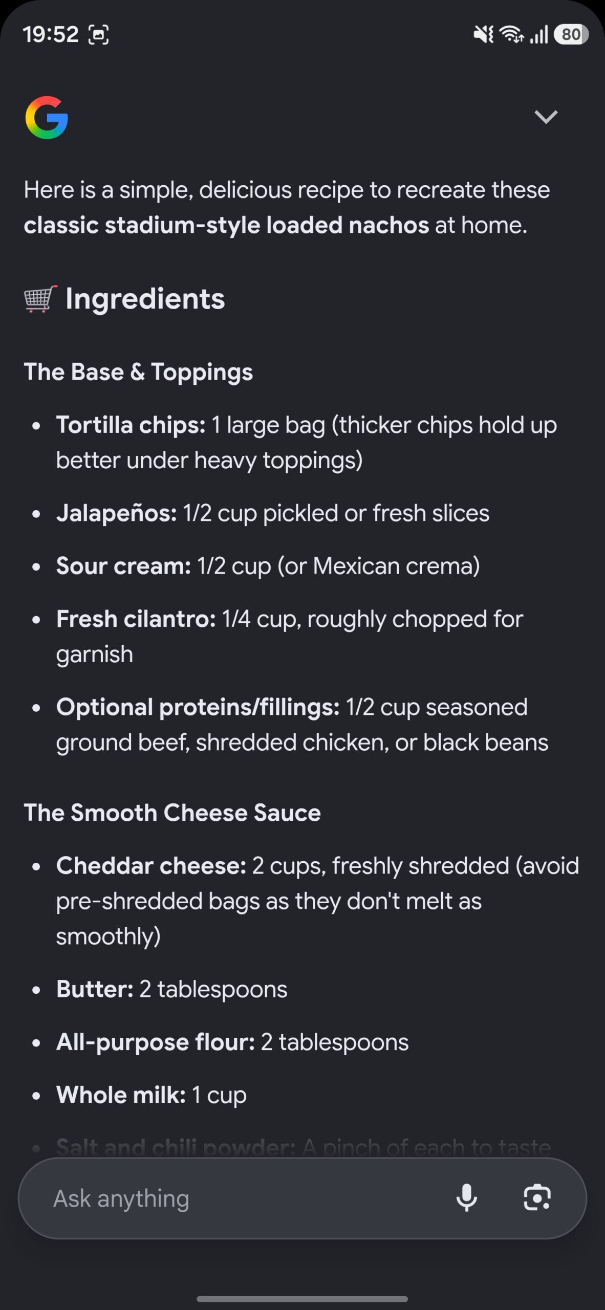 Google Lens listing ingredients of the searched food item.