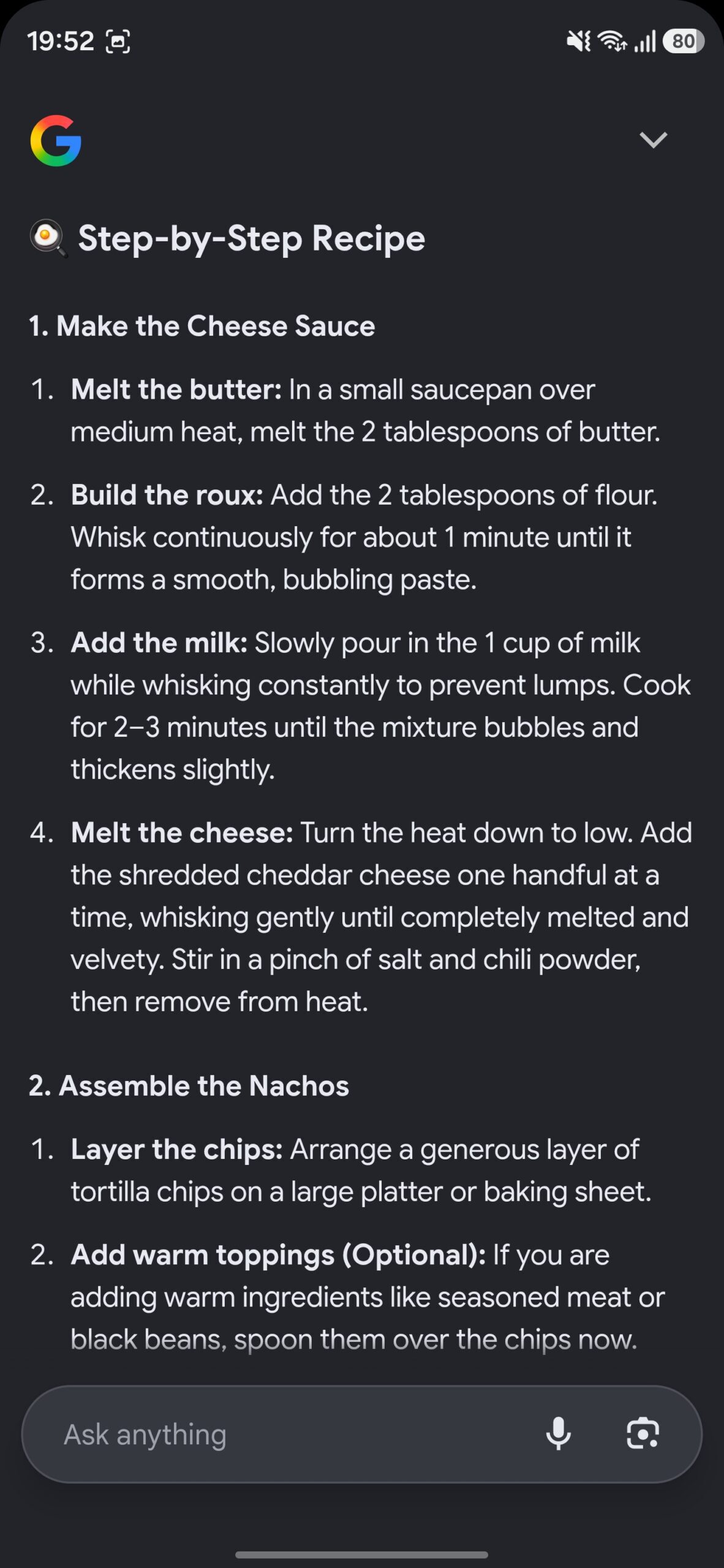 Google Lens listing recipe of the searched food item.
