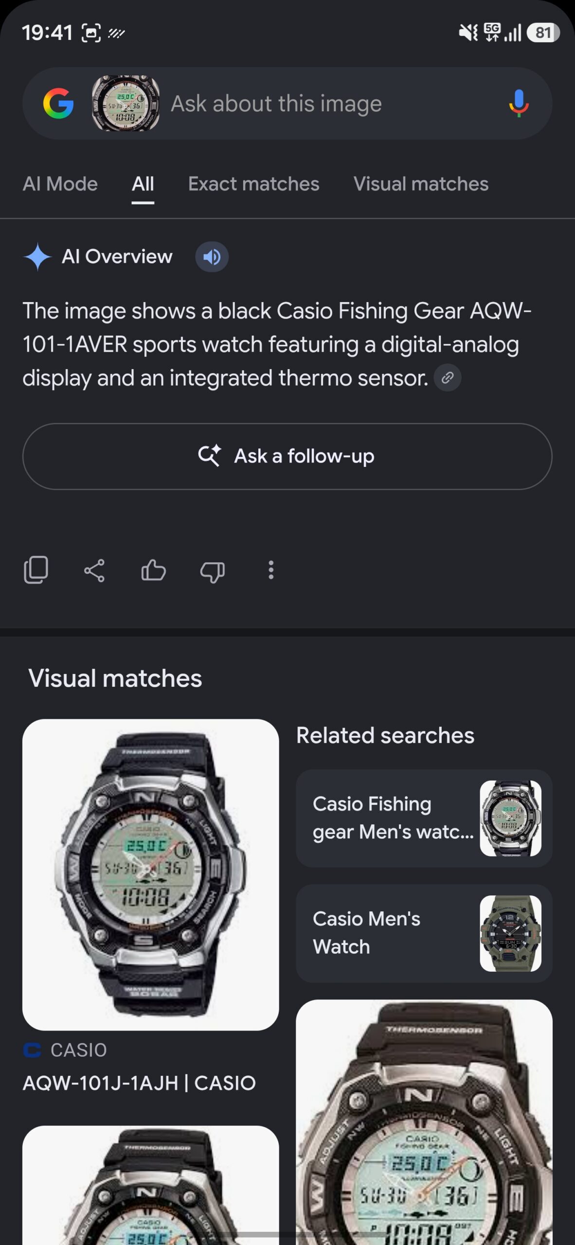 Google Lens' response to a watch query.