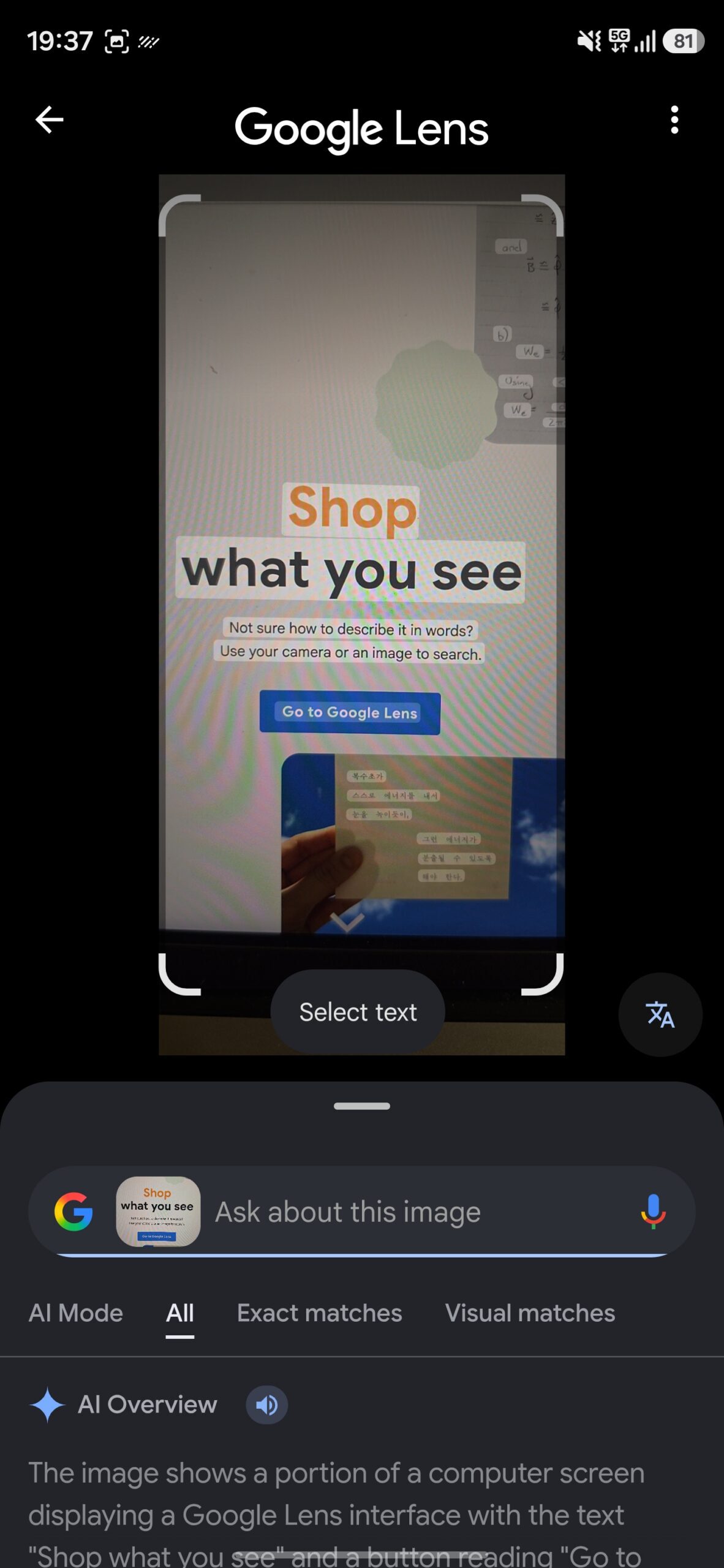 Scanning text on a screen in Google Lens.