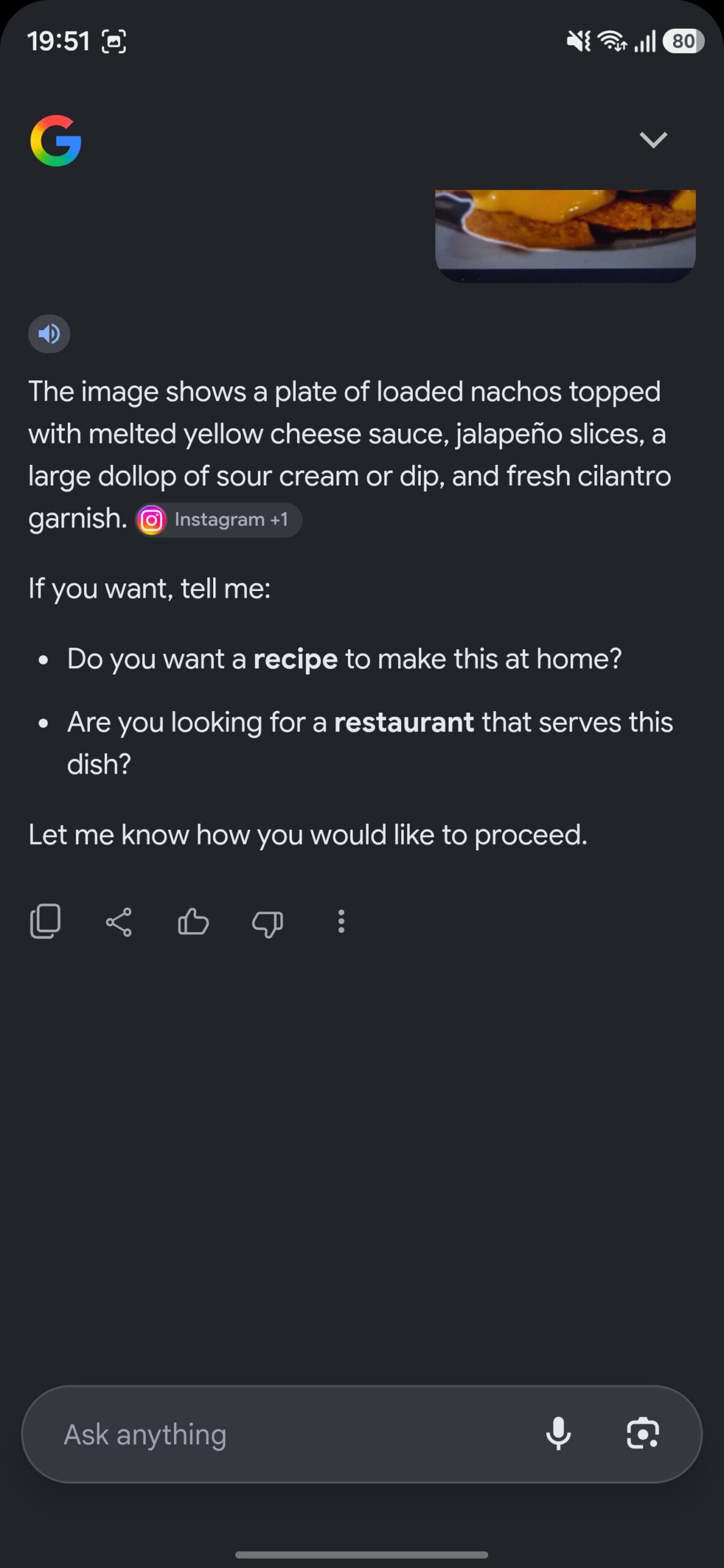 Google Lens' response to a food dish search.