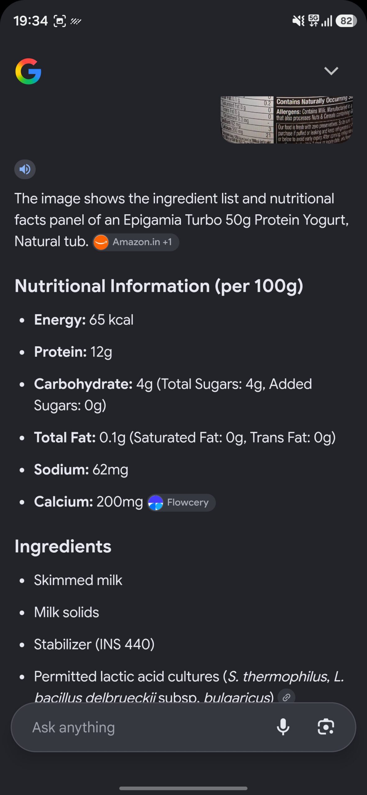 Google Lens' response detailing a food's ingredients.