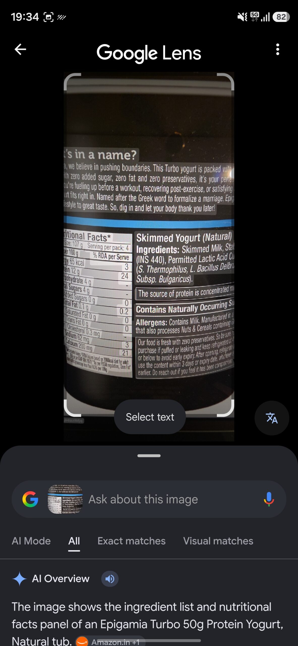 Looking up a food's nutrition label in Google Lens.