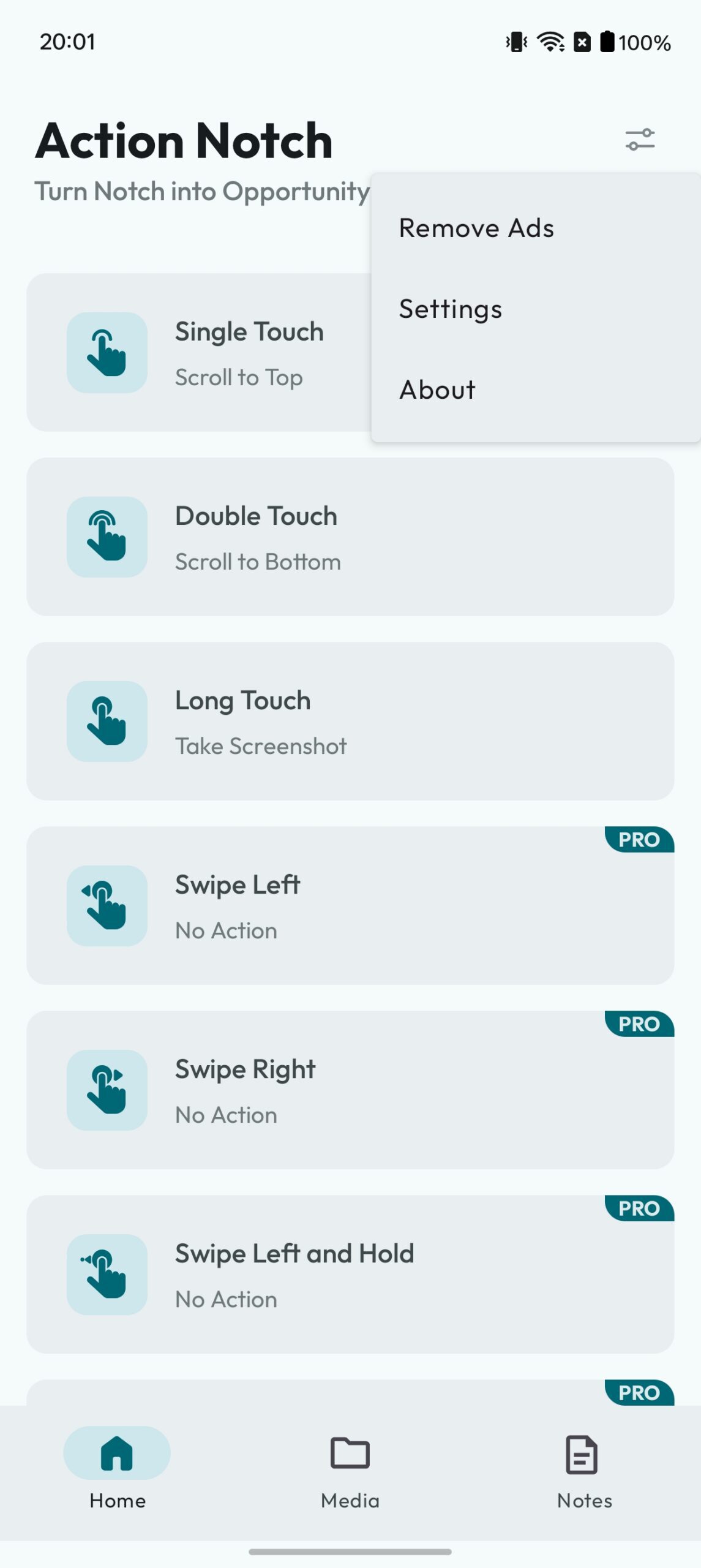 Action Notch app with three configured gestures.