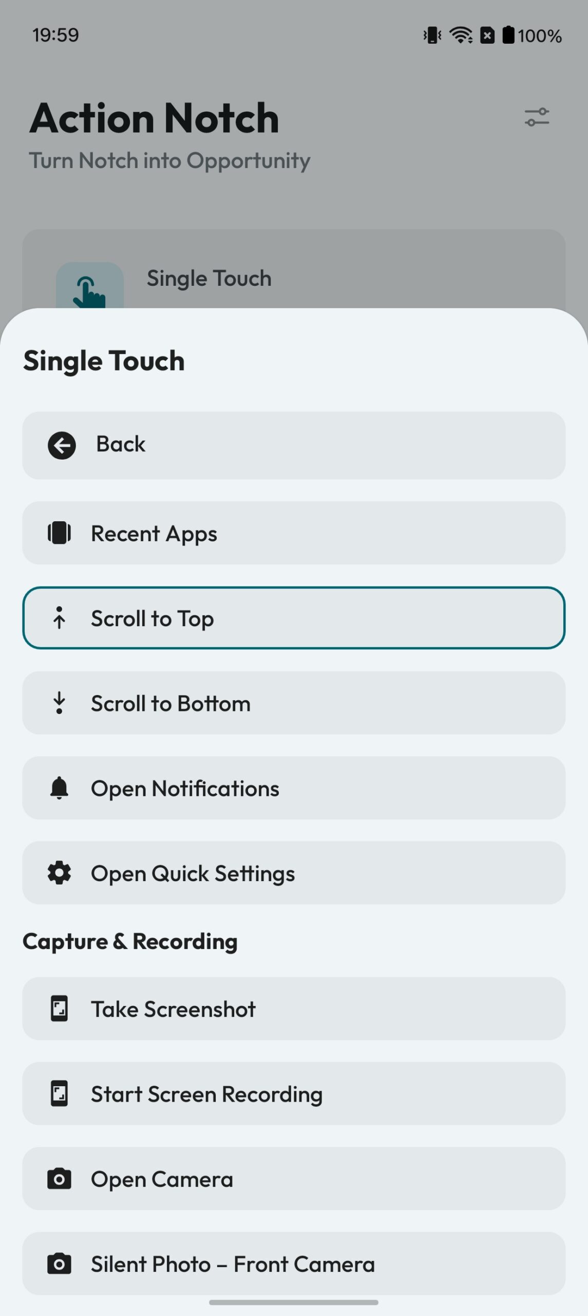 Selecting an action for the Single Touch gesture in Action Notch.