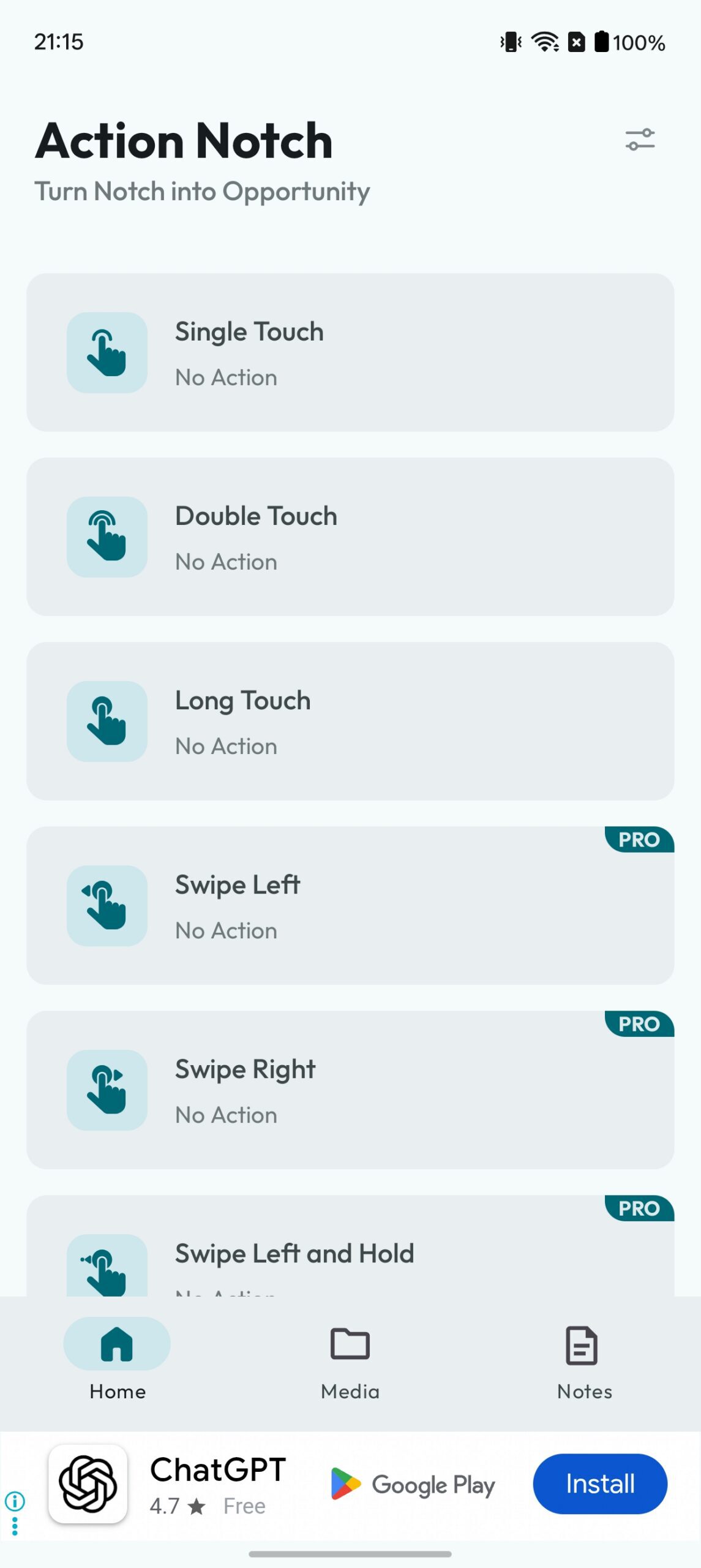 Action Notch app Home tab.