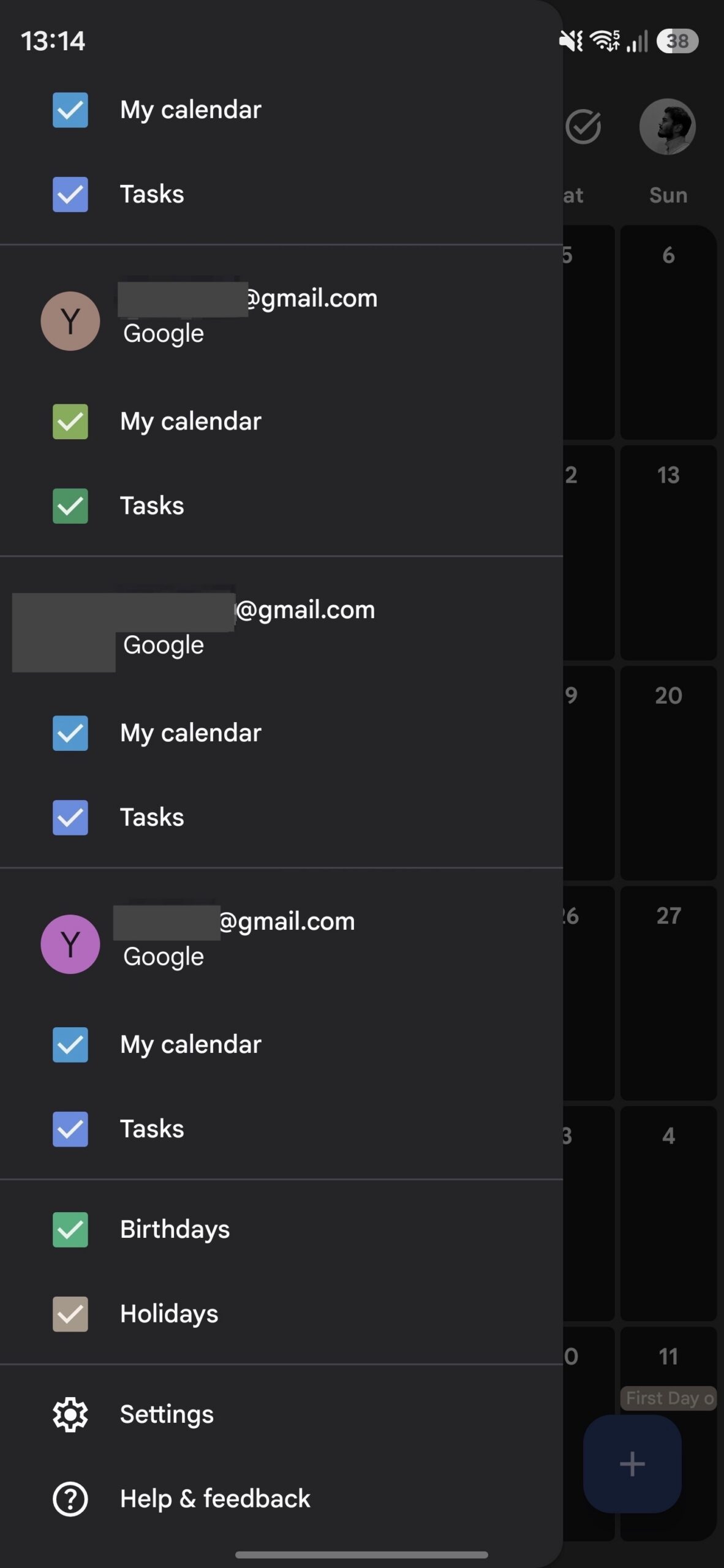 Google Calendar hamburger menu options.
