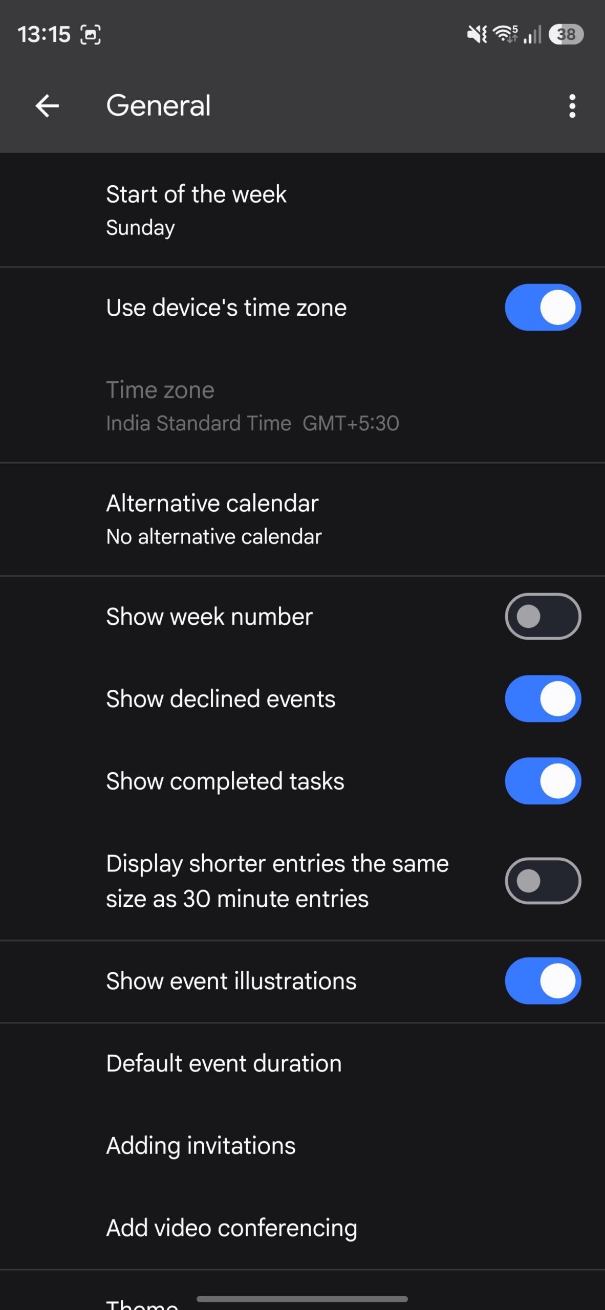 Google Calendar general settings page.