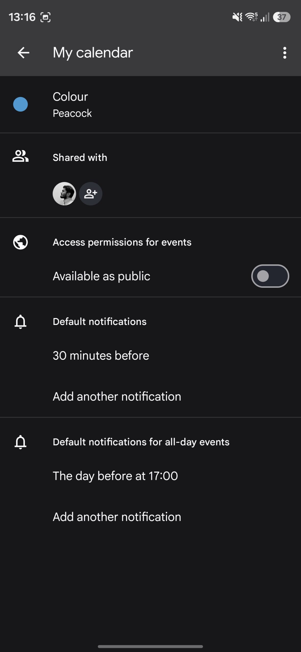 My calendar settings page in Google Calendar.
