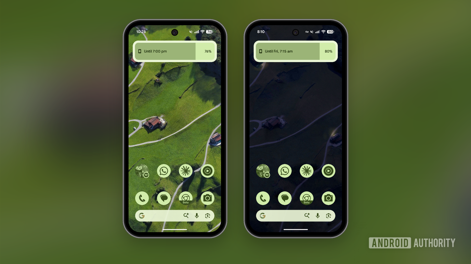 Minimal Pixel 9a home screen in day and night mode.