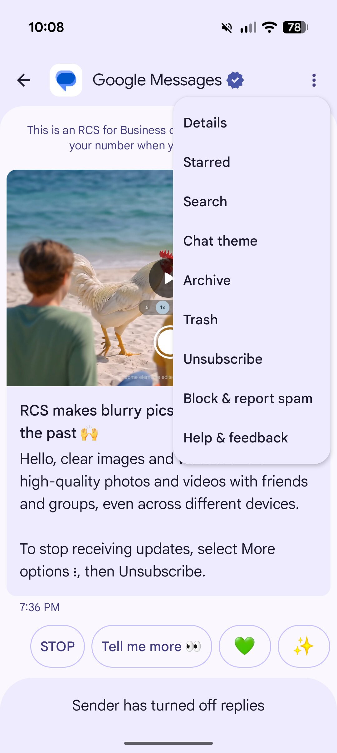 Screenshot showing how to unsubscribe from Google's business texts in Google Messages.