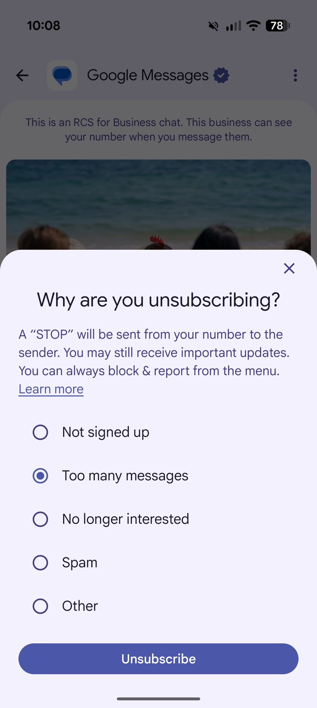 Screenshot showing how to unsubscribe from Google's business texts in Google Messages.