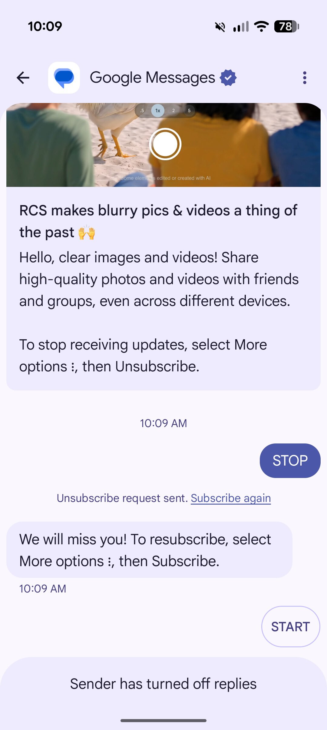 Screenshot showing how to unsubscribe from Google's business texts in Google Messages.