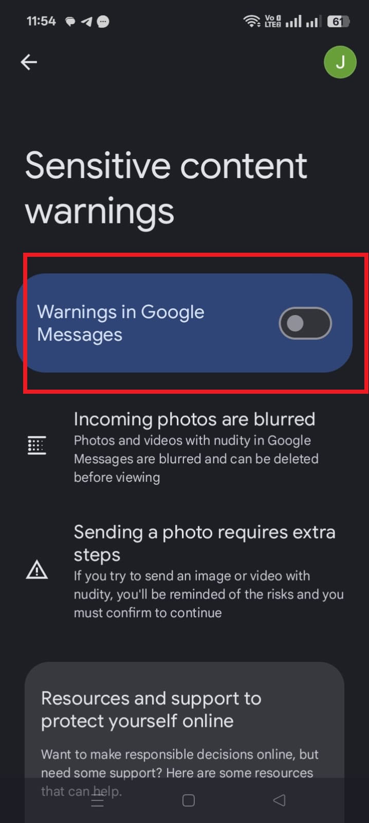 Turning off sensitive content warnings in Google Messages.