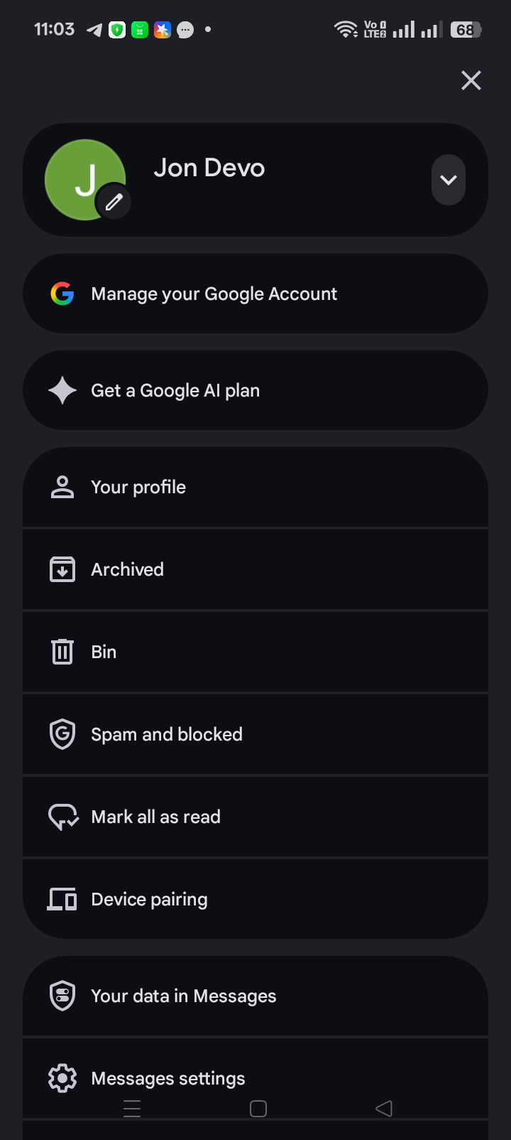 Screenshot showing how to turn off Gemini in Google Messages.