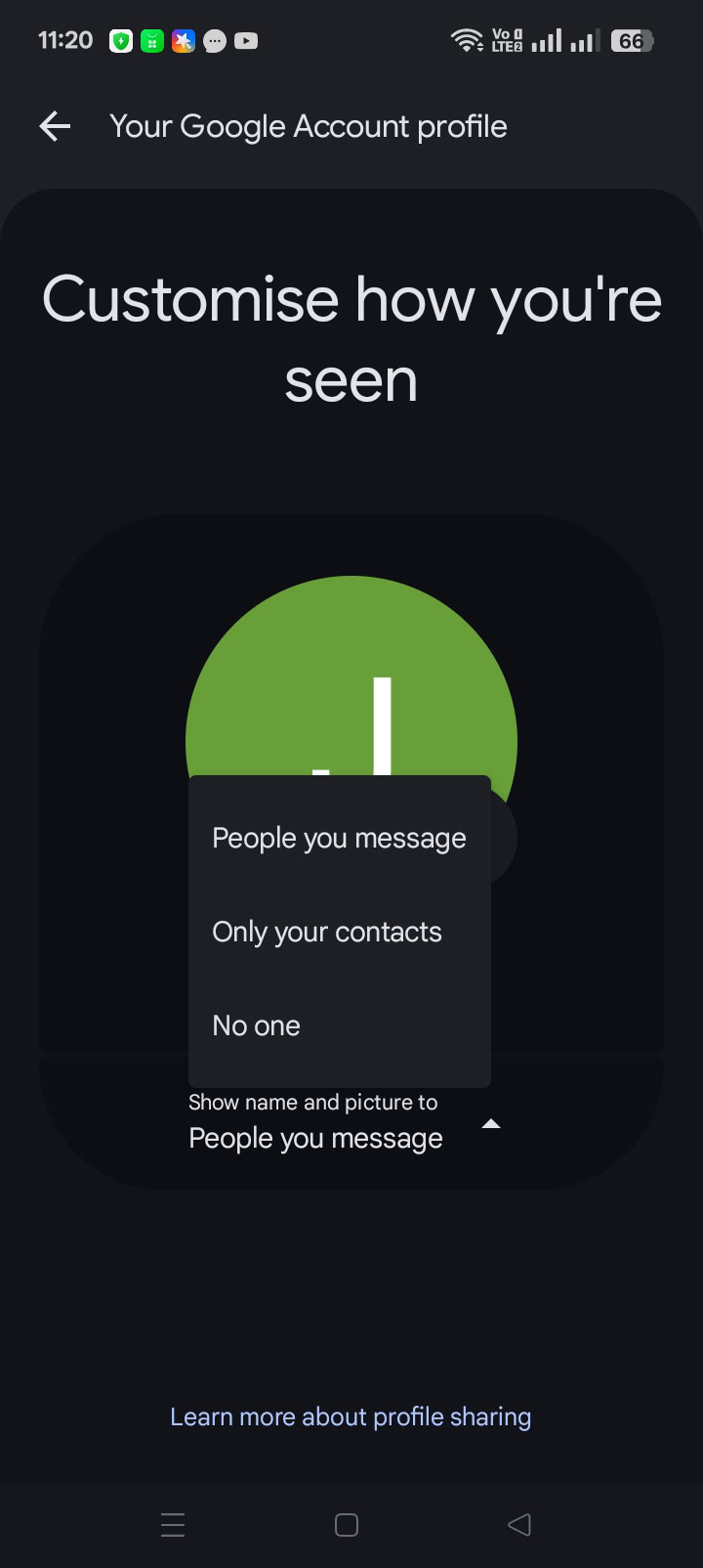 Screenshot showing how to change profile sharing in Google Messages.