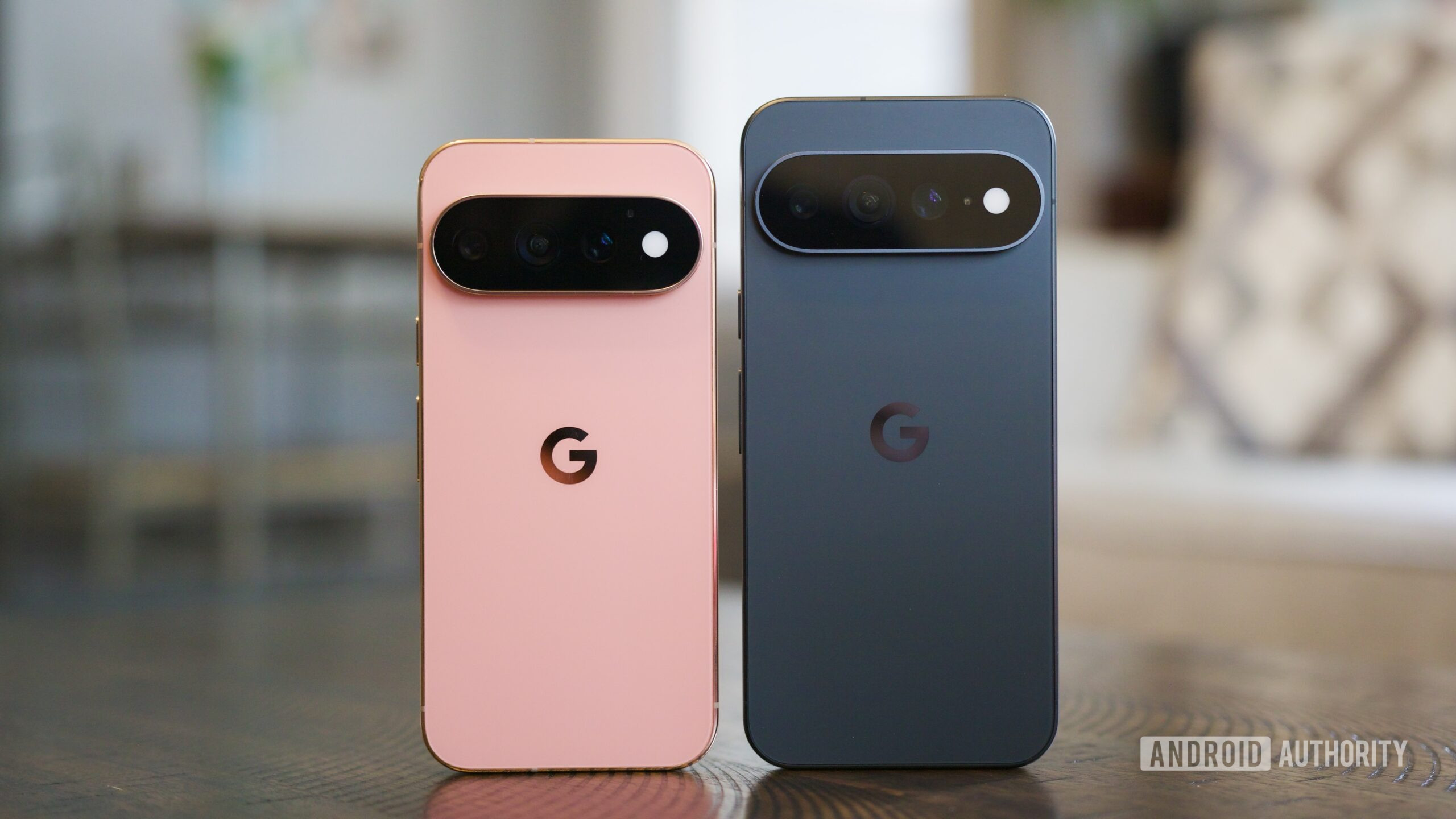 Pixel 11 Pro and Pixel 11 Pro XL standing upright next to each other.