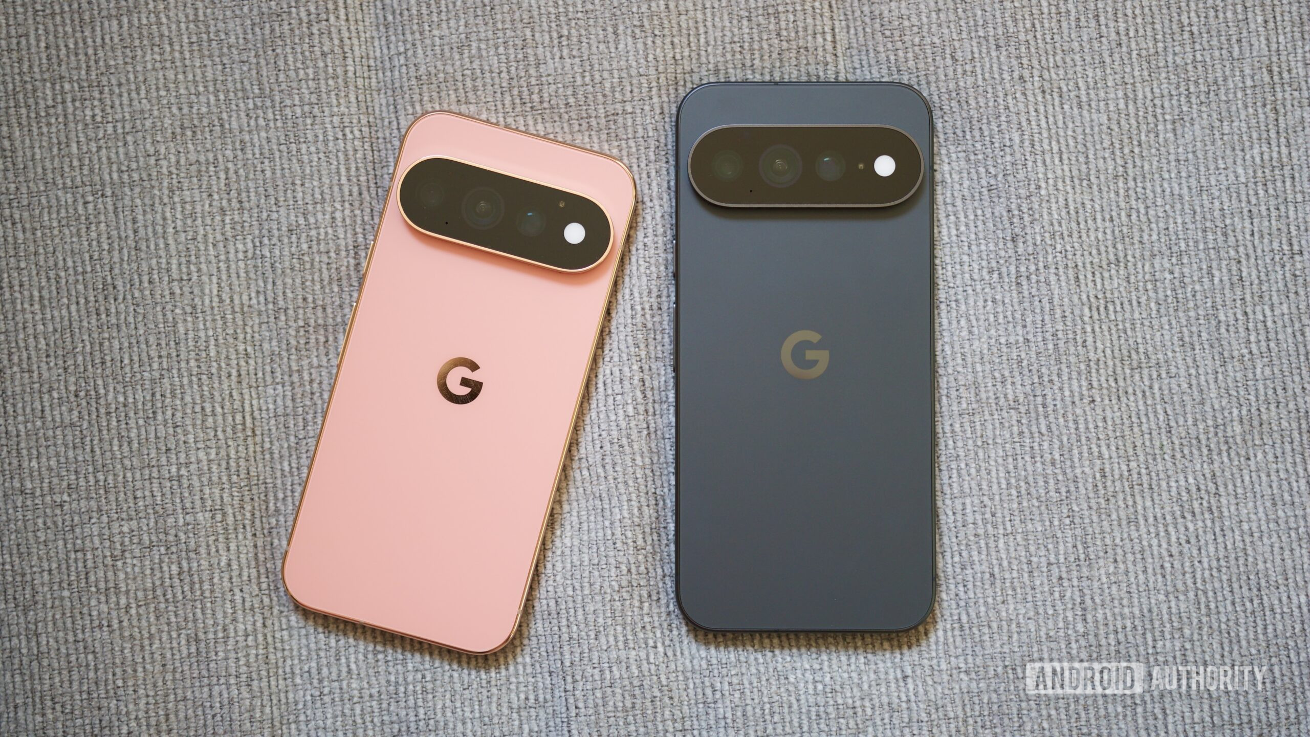 Canyon Pixel 11 Pro next to an Obsidian Pixel 11 Pro XL.