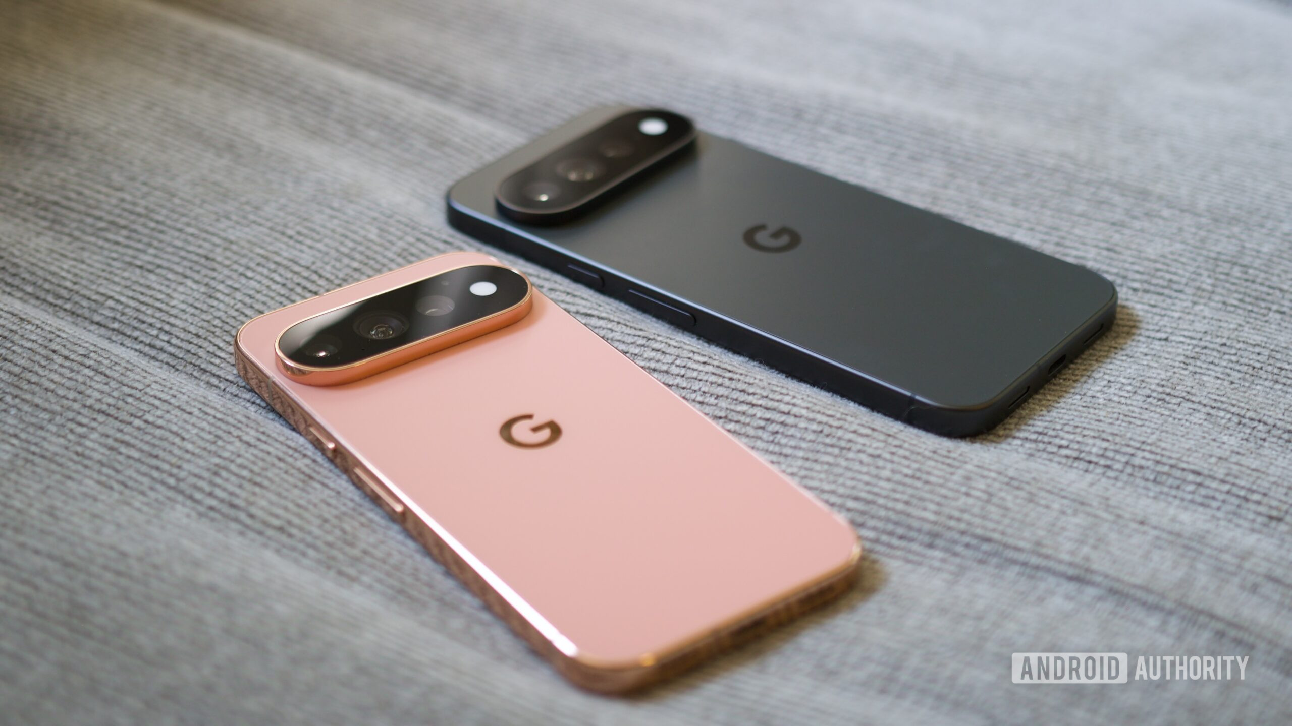Canyon Pixel 11 Pro next to an Obsidian Pixel 11 Pro XL.