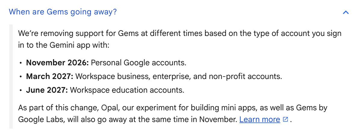 google support page gems going away timeline