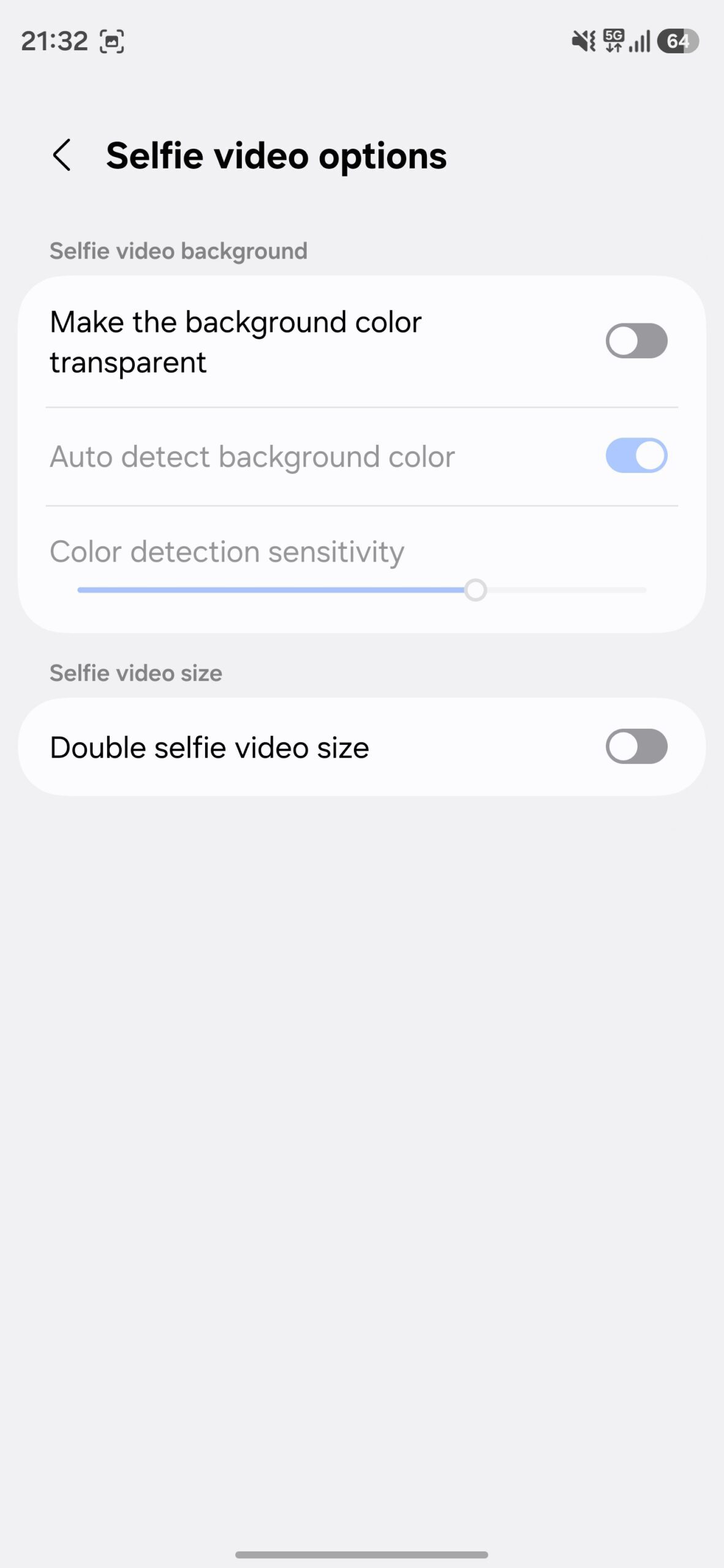 Default settings for selfie video options in Nice Shot Good Lock module.