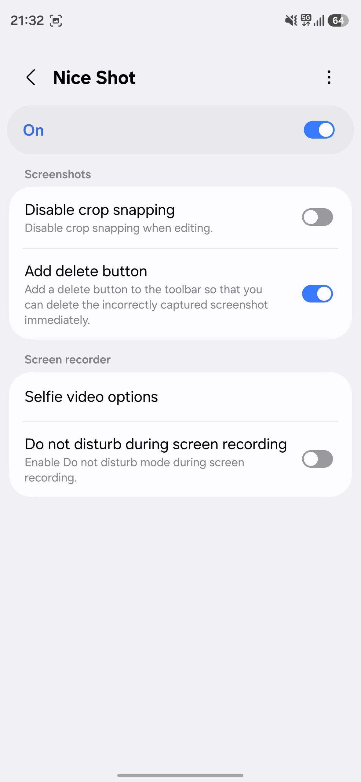 Add delete button option in Nice Shot Good Lock module toggled on.