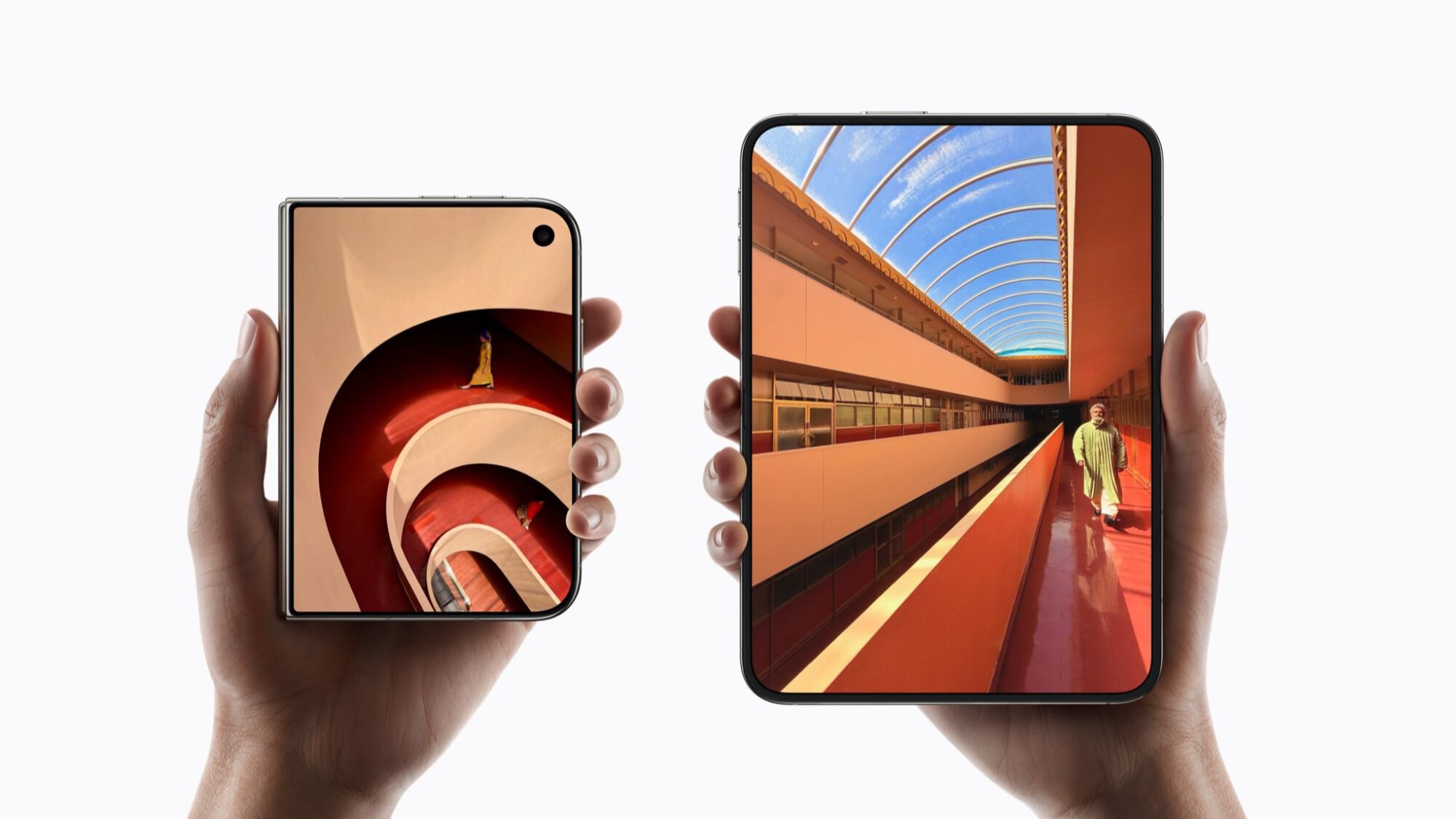 iPhone Duo folded in one hand and unfolded in another iPhone Duo folded in one hand and unfolded in another