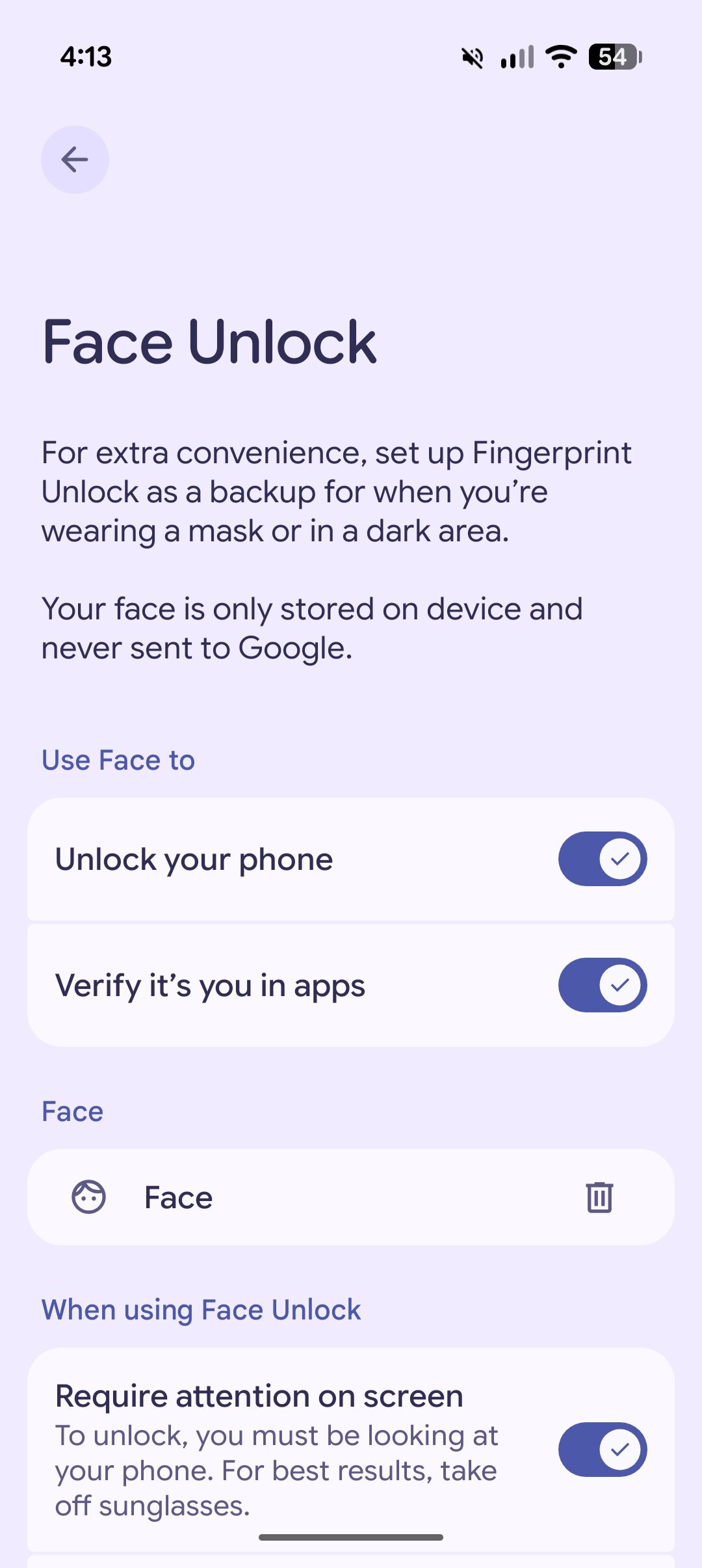 Screenshot of face unlock settings on the Pixel 11 Pro.