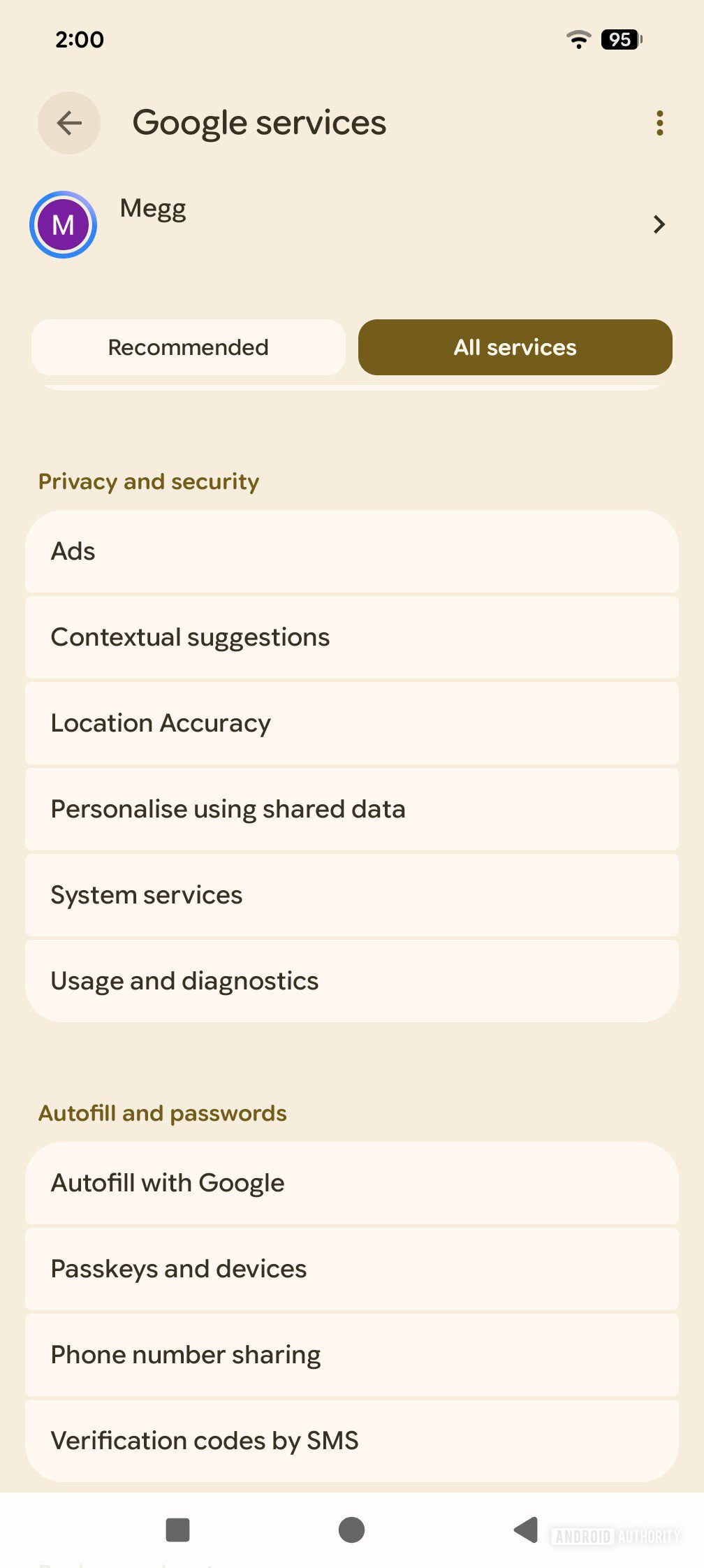 privacy and security section with system services option