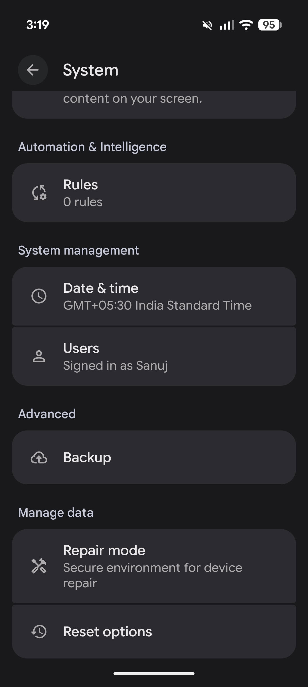 Android System settings menu showing options for Date and time, Users, Backup, Repair mode, and Reset options