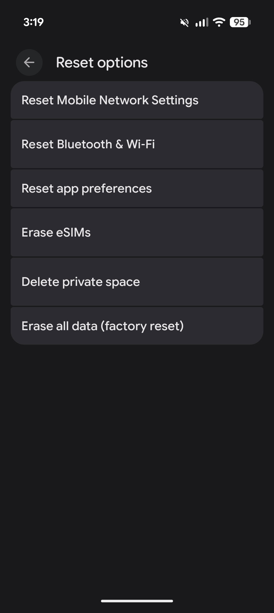 Android Reset options menu displaying choices for Reset Mobile Network Settings, Reset Bluetooth and Wi-Fi, and Factory reset