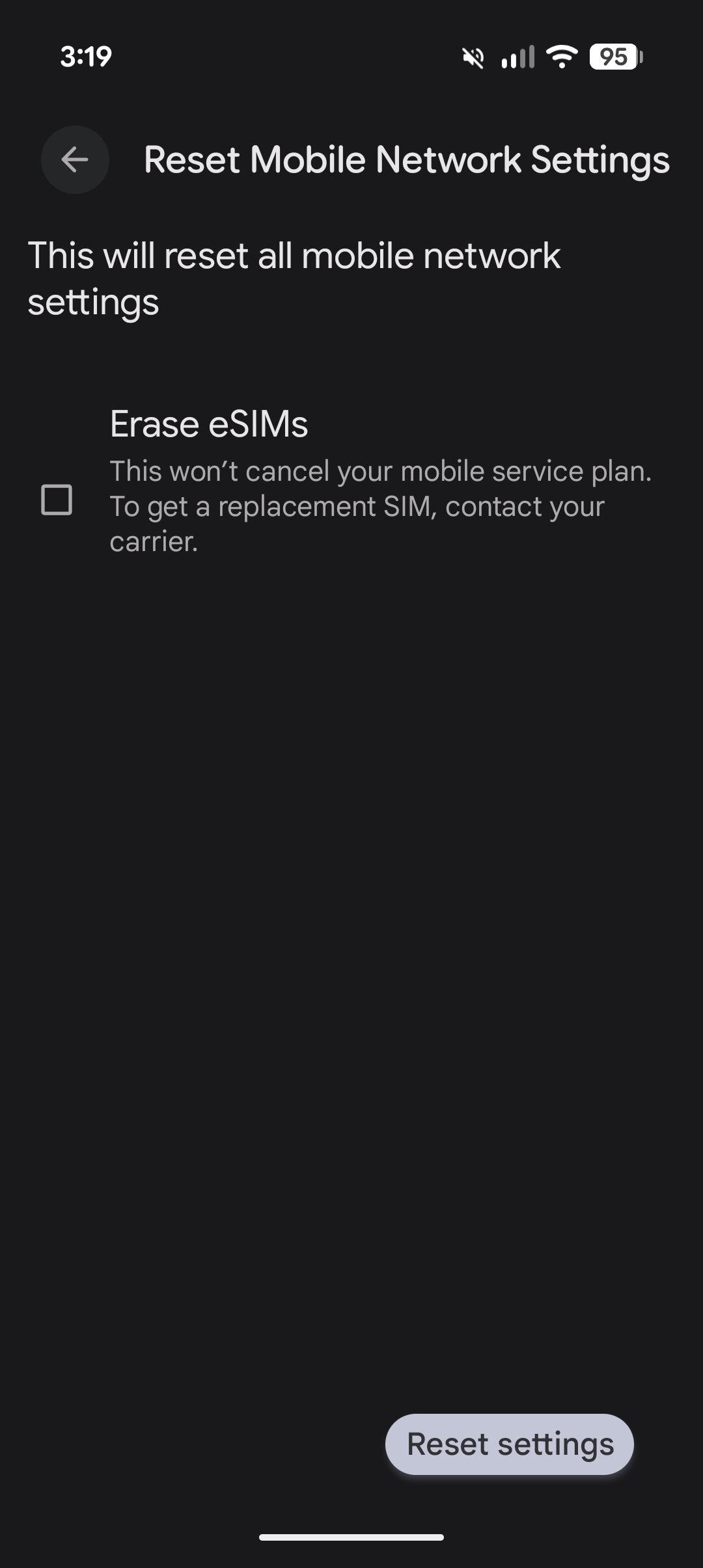 Reset Mobile Network Settings confirmation screen with an optional Erase eSIMs checkbox and Reset settings button