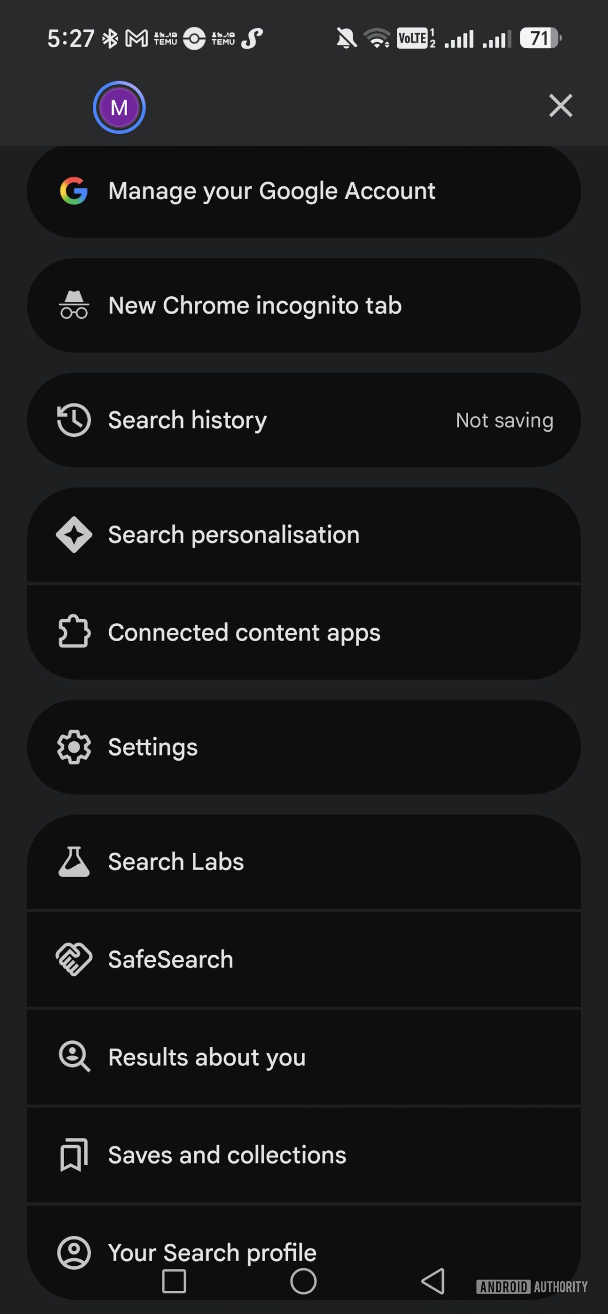results about you option in google account options