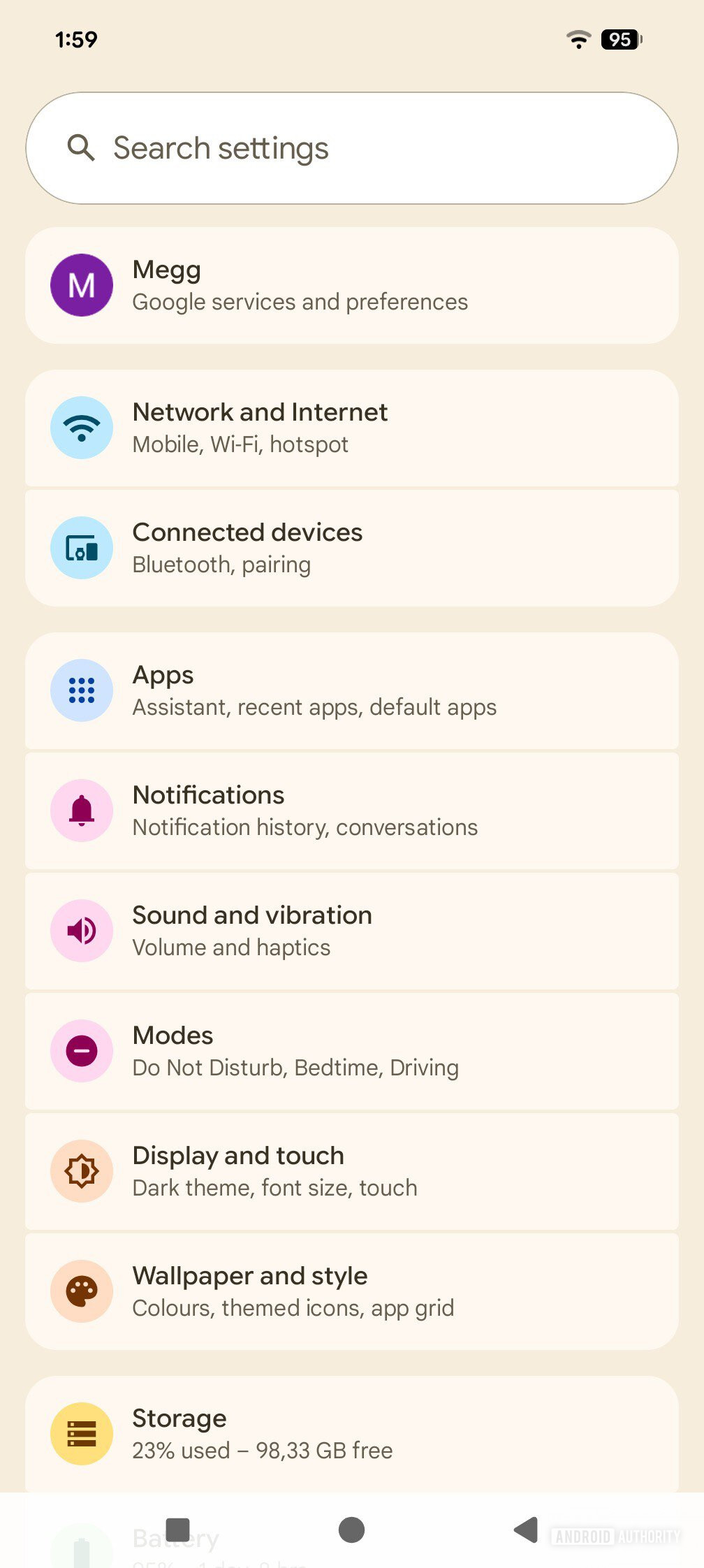settings menu on the pixel 8 pro