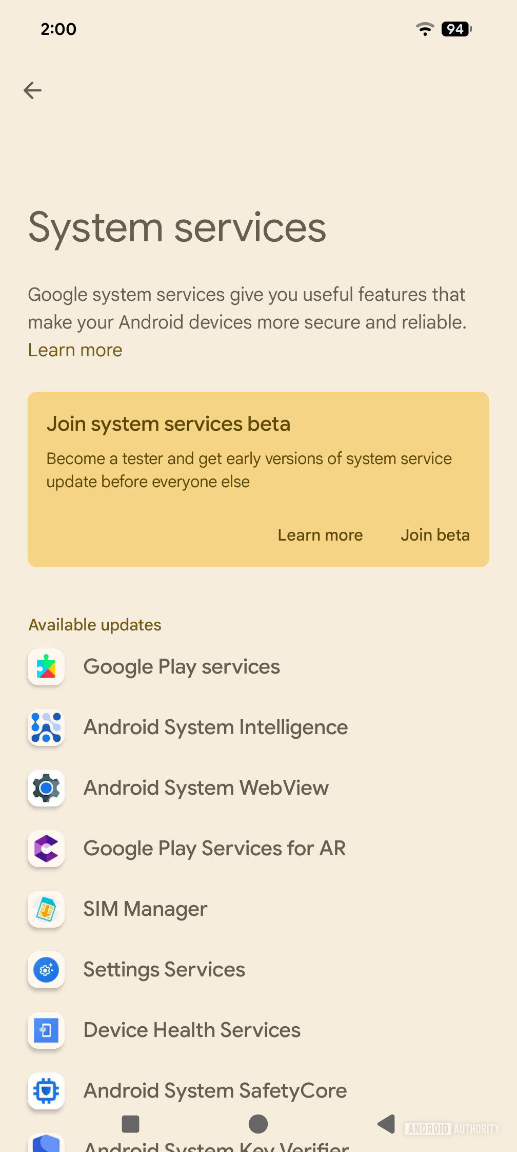 system services menu with available updates