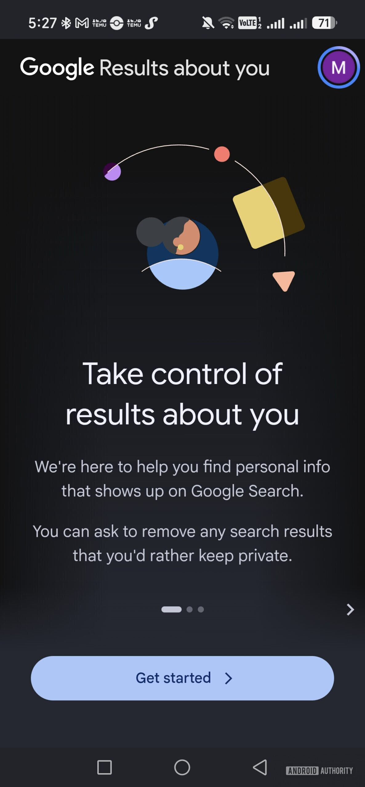 the google results about you start page