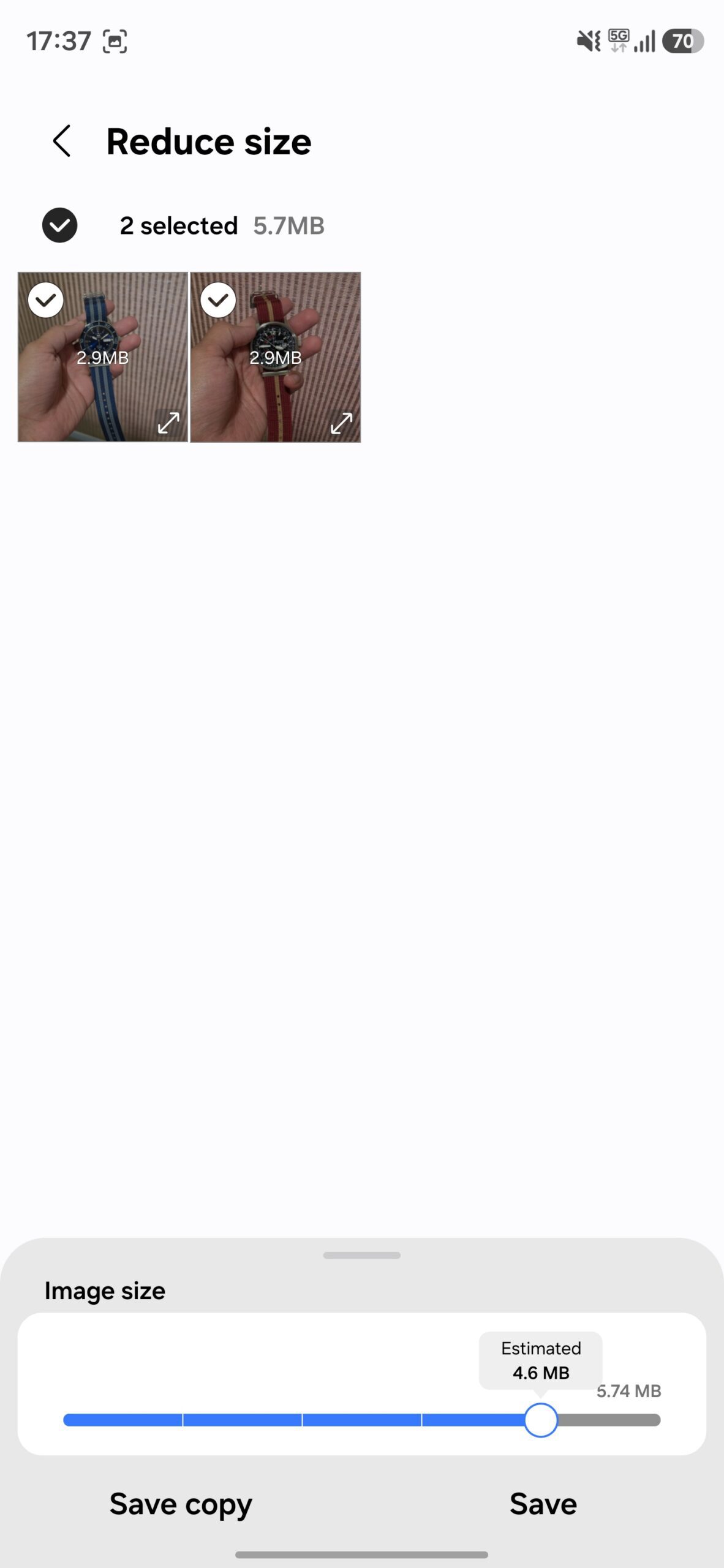 Image size slider in the Reduce size tool in Gallery Assistant.