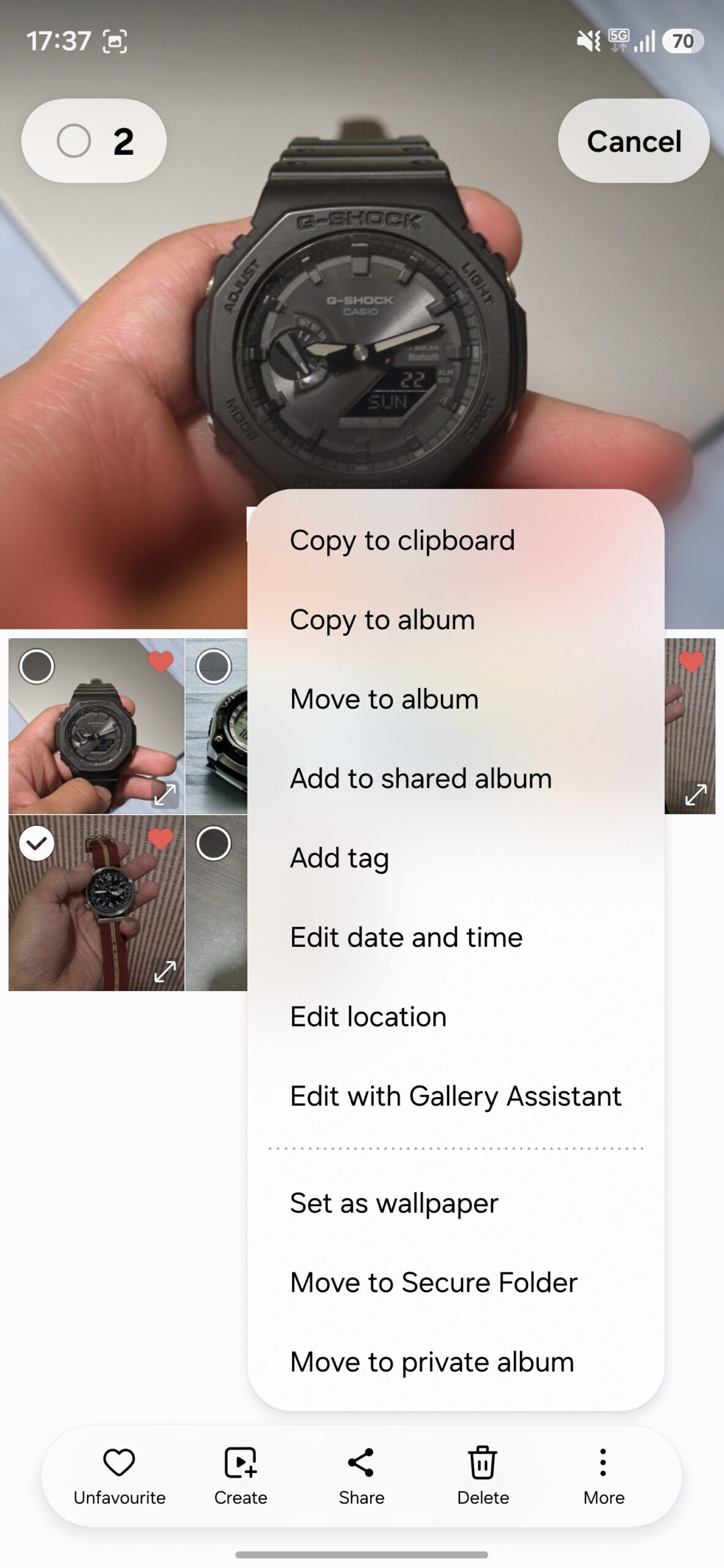 More menu options in the Samsung Gallery app.