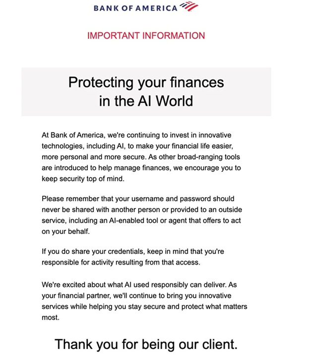 Bank of America warns customers against handing passwords to AI assistants