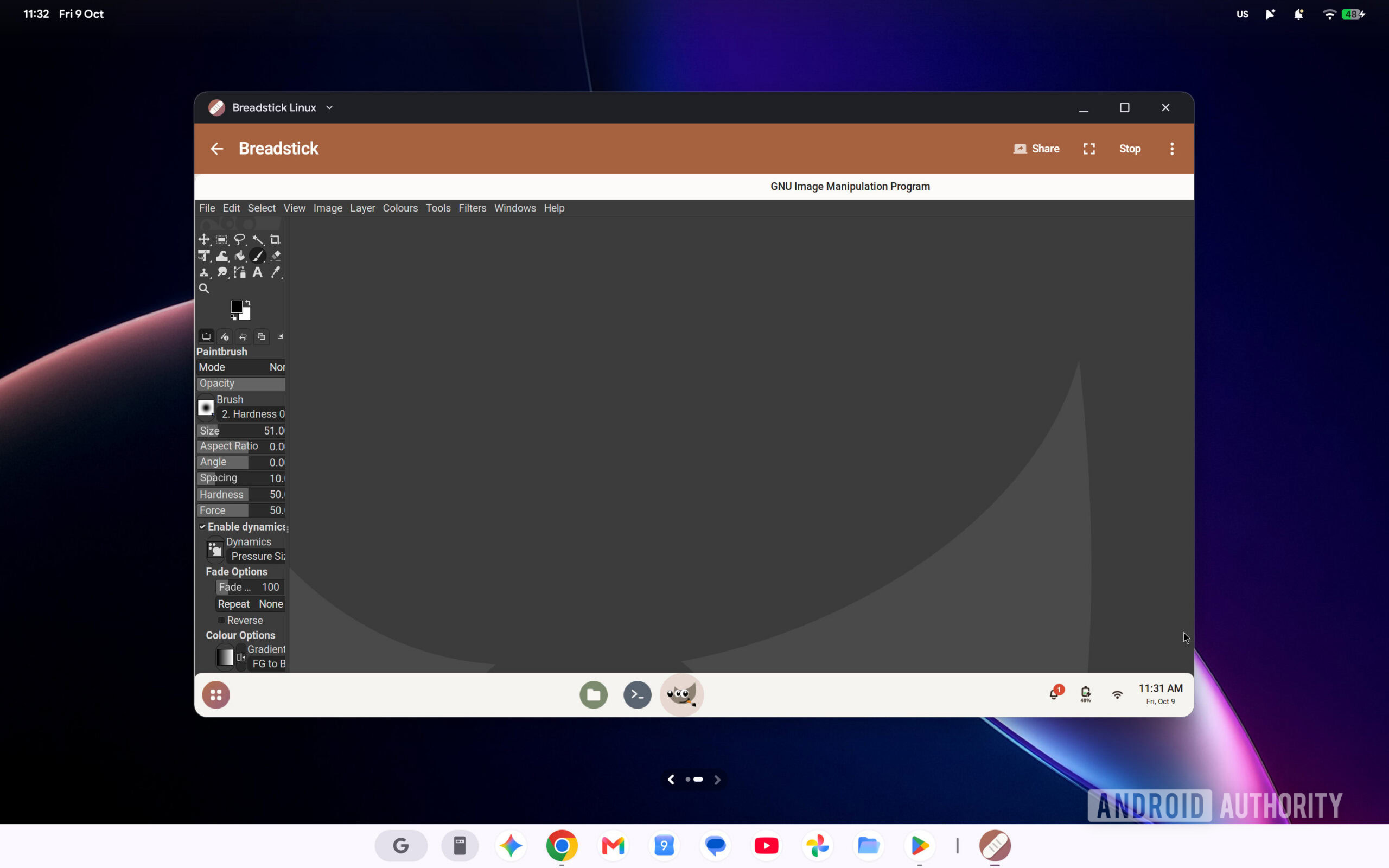 Breadstick Linux Googlebook running GIMP