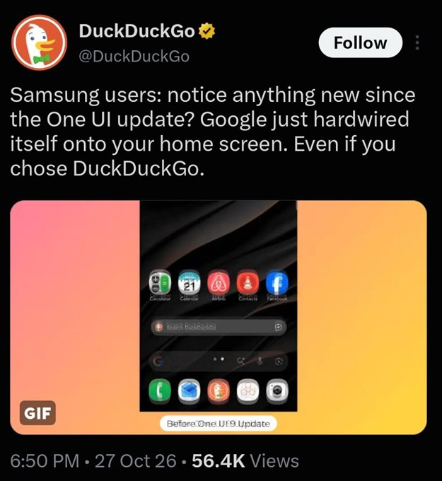 DuckDuckGo accuses Google of taking over One UI 9 home screen search bar DuckDuckGo accuses Google of taking over One UI 9 home screen search bar