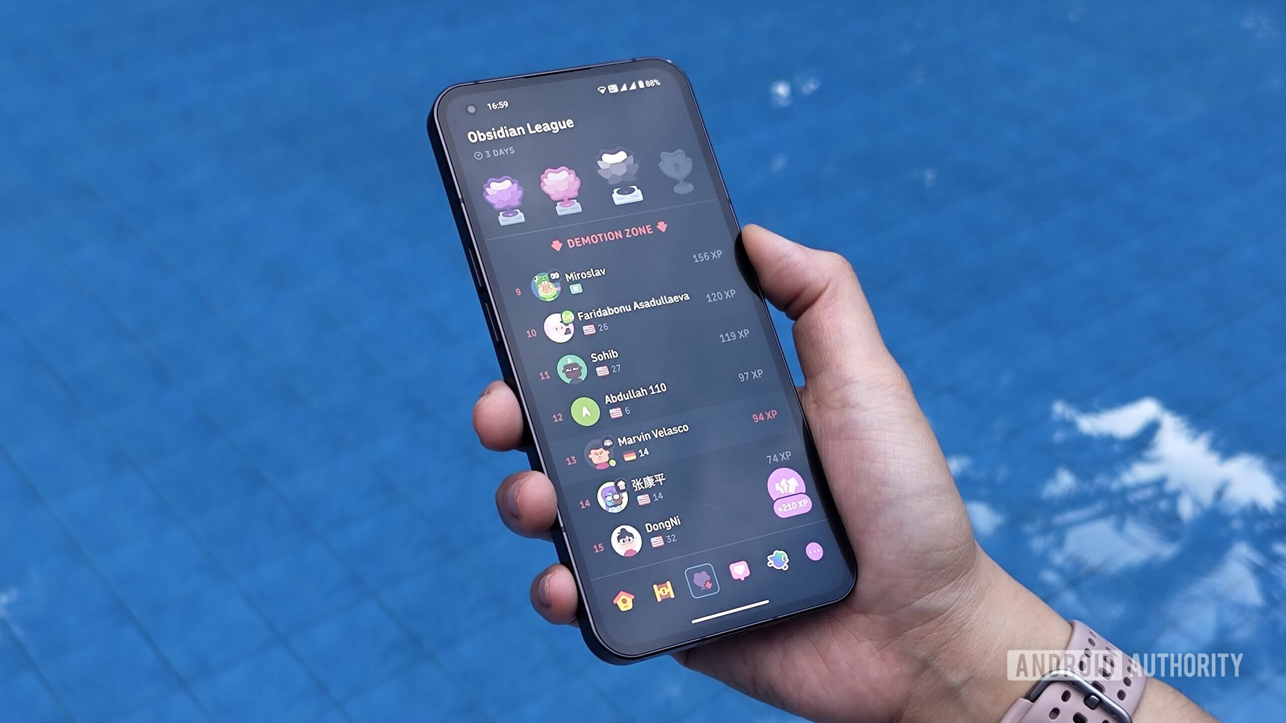 Duolingo Android app on Nothing Phone 1 angled in hand Duolingo Android app on Nothing Phone 1 angle in hand