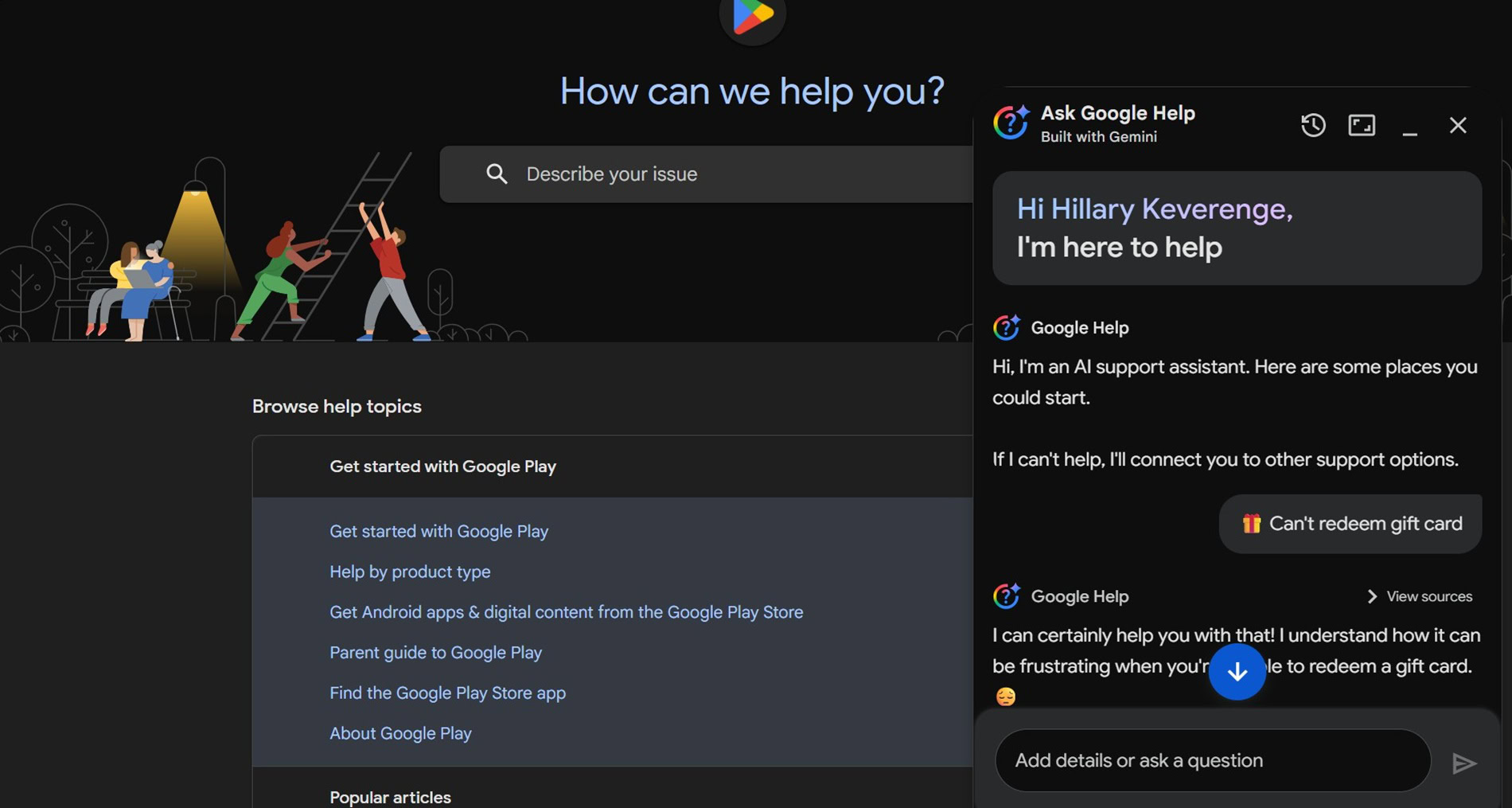 Example of how Ask Google Help works in Google Play 1