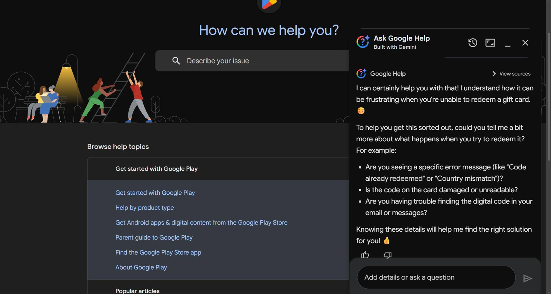 Example of how Ask Google Help works in Google Play 2