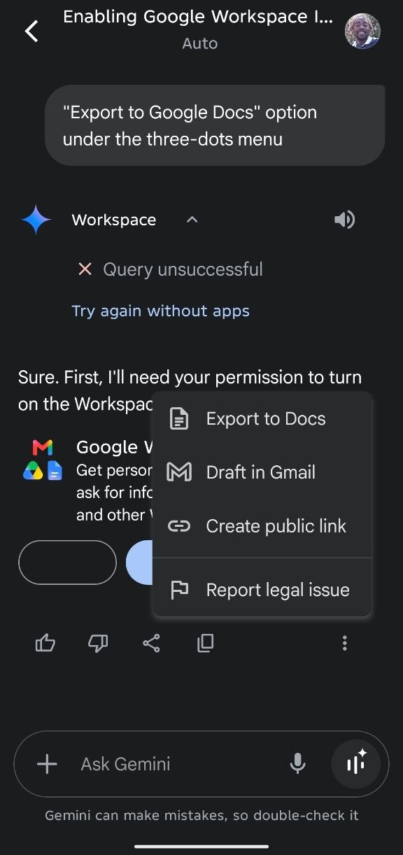 Export to Docs option in Gemini app