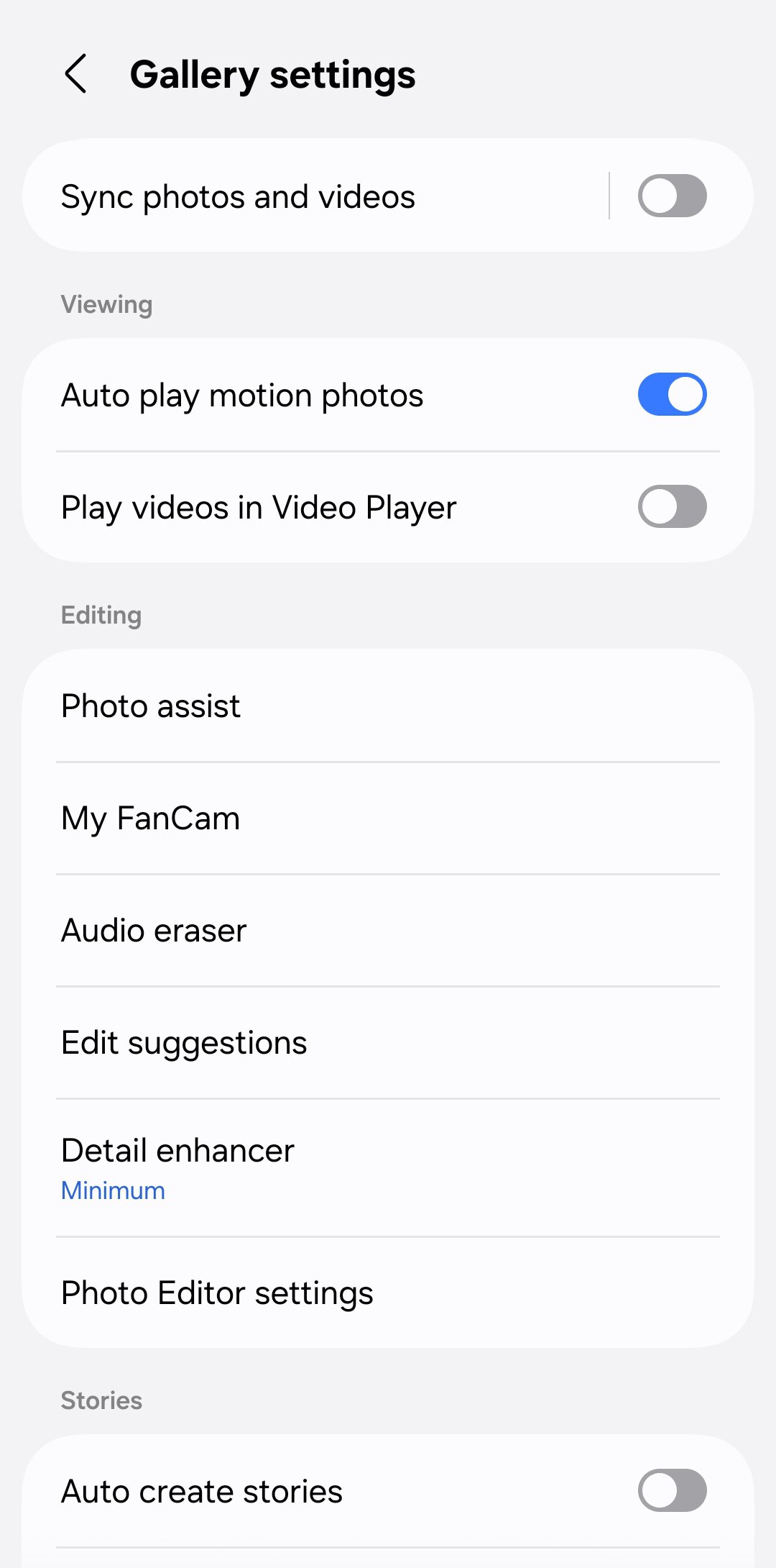 Gallery settings app on Galaxy phone